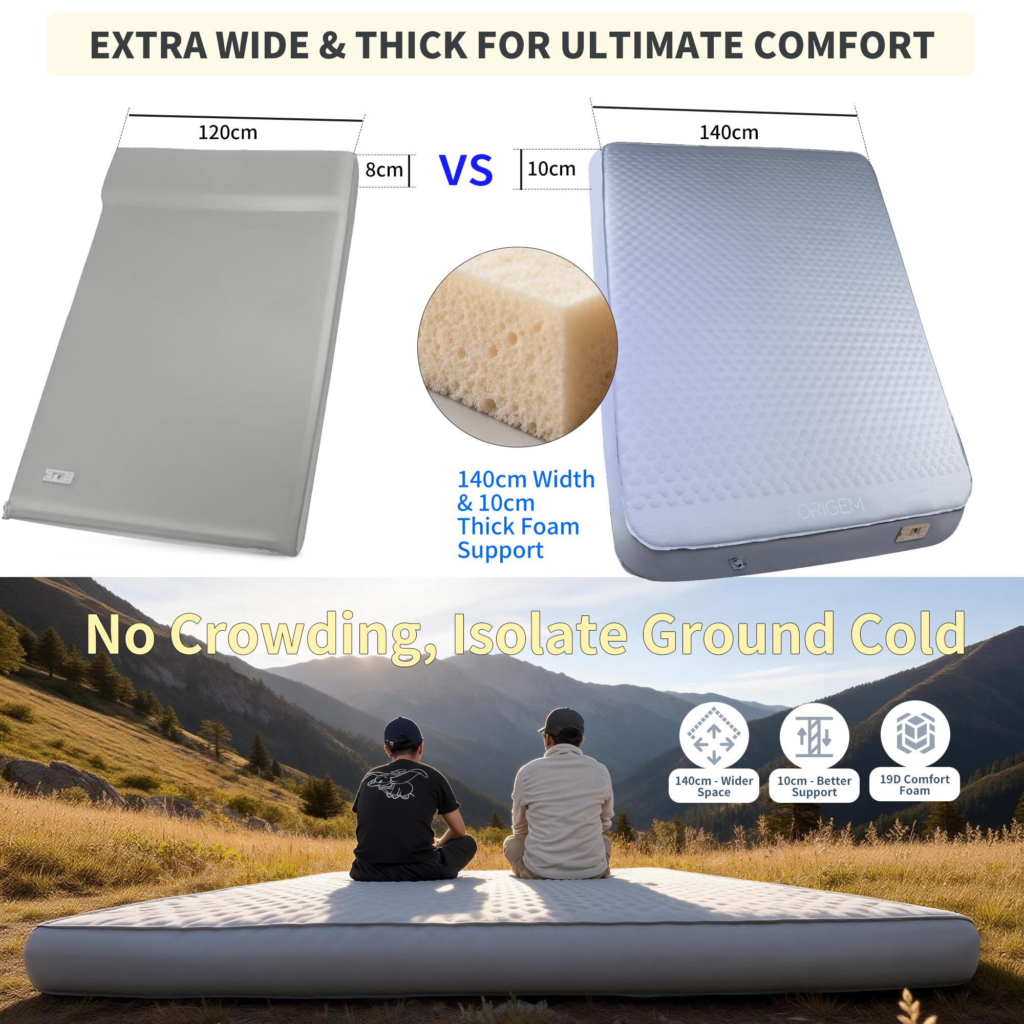 Origem Colchón Hinchable Doble Camping 200×140cm Bomba Eléctrica Integrada | 10 cm de grosor, Auto inflado y desinflado rápido, superficie de espuma para dormir en casa, camping, viajes y senderismo.