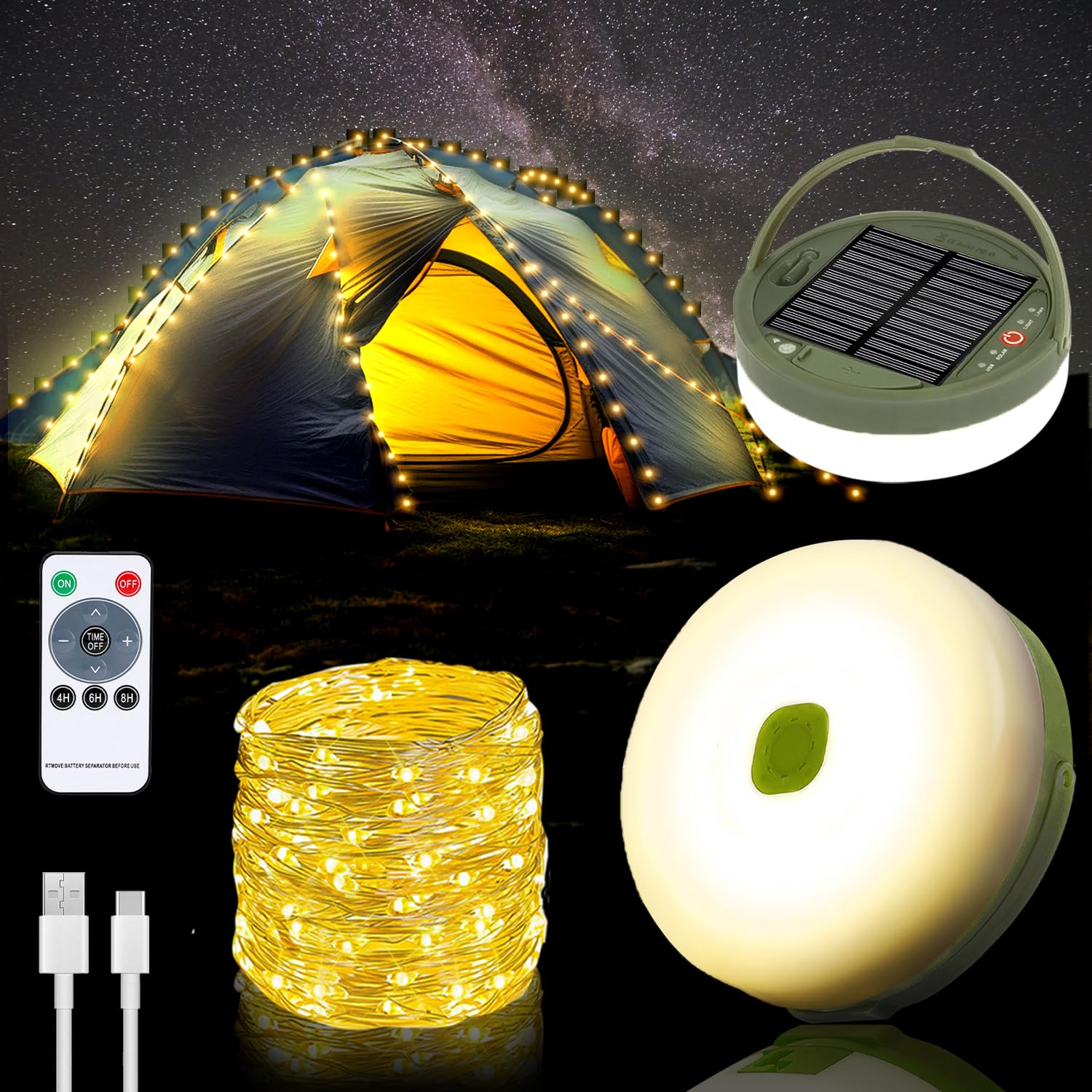 Yizhet 10M Solar Camping Light String Lights for Camping 8 Modes Rechargeable IPX4 Waterproof with Remote Control for Outdoor Garden — image 1
