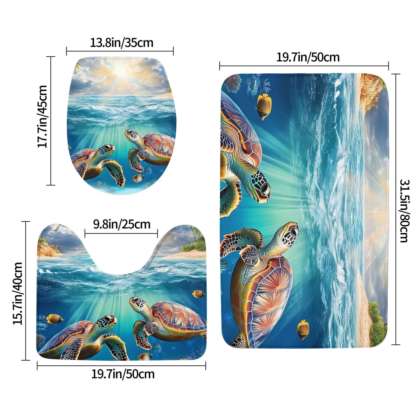 Set di 3 tappeti da bagno estivi a forma di tartaruga, morbidi e assorbenti, in memory foam e a forma di U, decorazione per la casa, ad asciugatura rapida