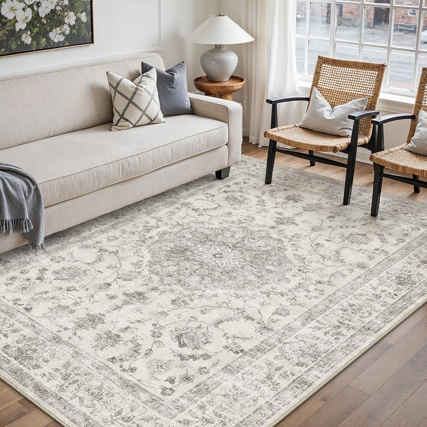 5x7 Area Rug Gray Washable Living Room Vintage Carpet Bedroom Non Slip Soft Low Pil...