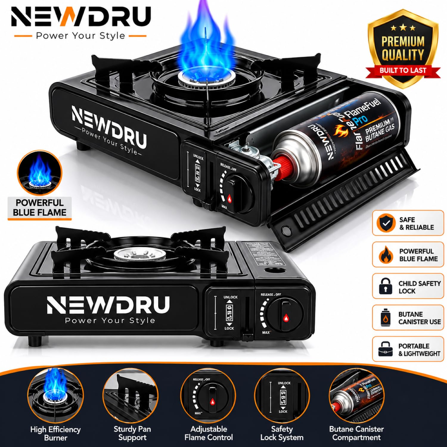 NEWDRU Portable Butane Gas Camping Stove (Without can) | Piezo Auto-Ignition, Adjustable Flame, Pressure Safety Cut-Off | Lightweight Steel Body, MSF-1a Compatible | FlameGuard Pro - Black 1