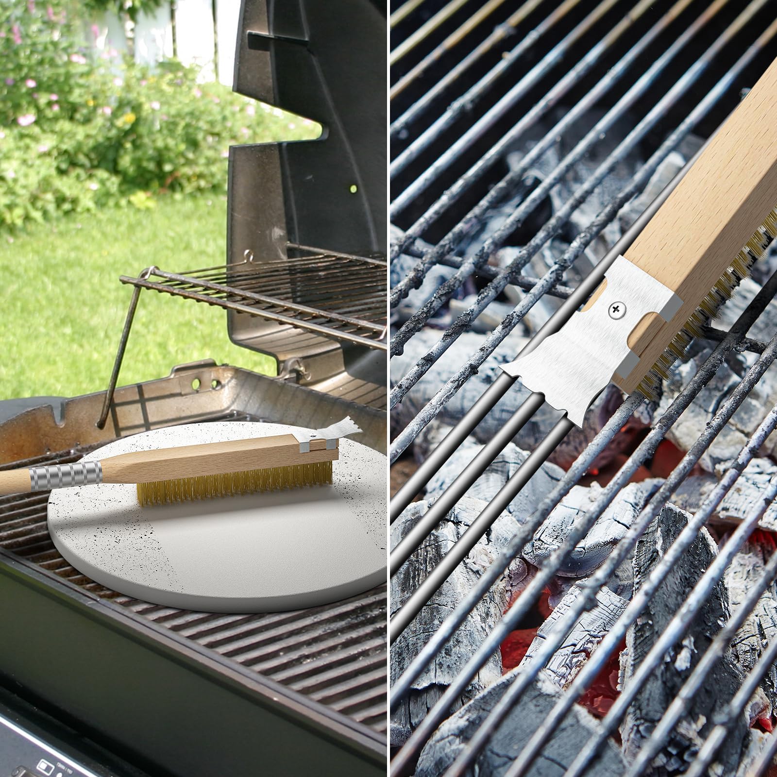 Spazzola per Forno a Legna, Spazzole per Barbecue Spazzola per Pietra da Pizza lunga 25 pollici con Manico in Legno, Setole in Ottone e Raschietto Acciai Accessori per Forni a Legna