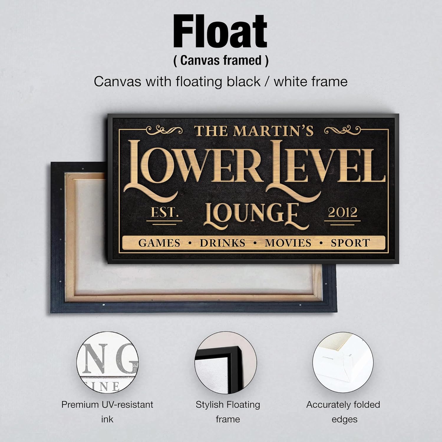 Awesometik Lower Level Lounge Sign Canvas Wall Decor with Custom Family Name Vintage, Custom Where The Fun Begins Room, Entertainment Hall Living Room (Dark)