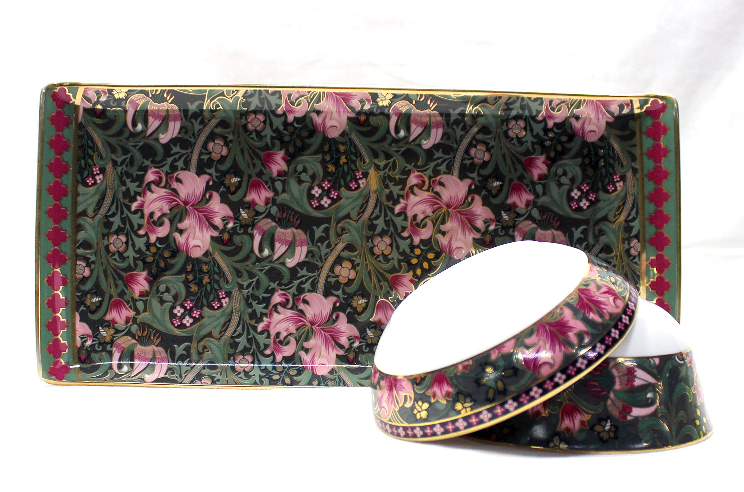 Vikas Khanna By Celeste Moksha Hand Craft 24K Gold Plated Ceramic Rectangular Tray with 2 Vegetable Bowls Color- Charcoal Black