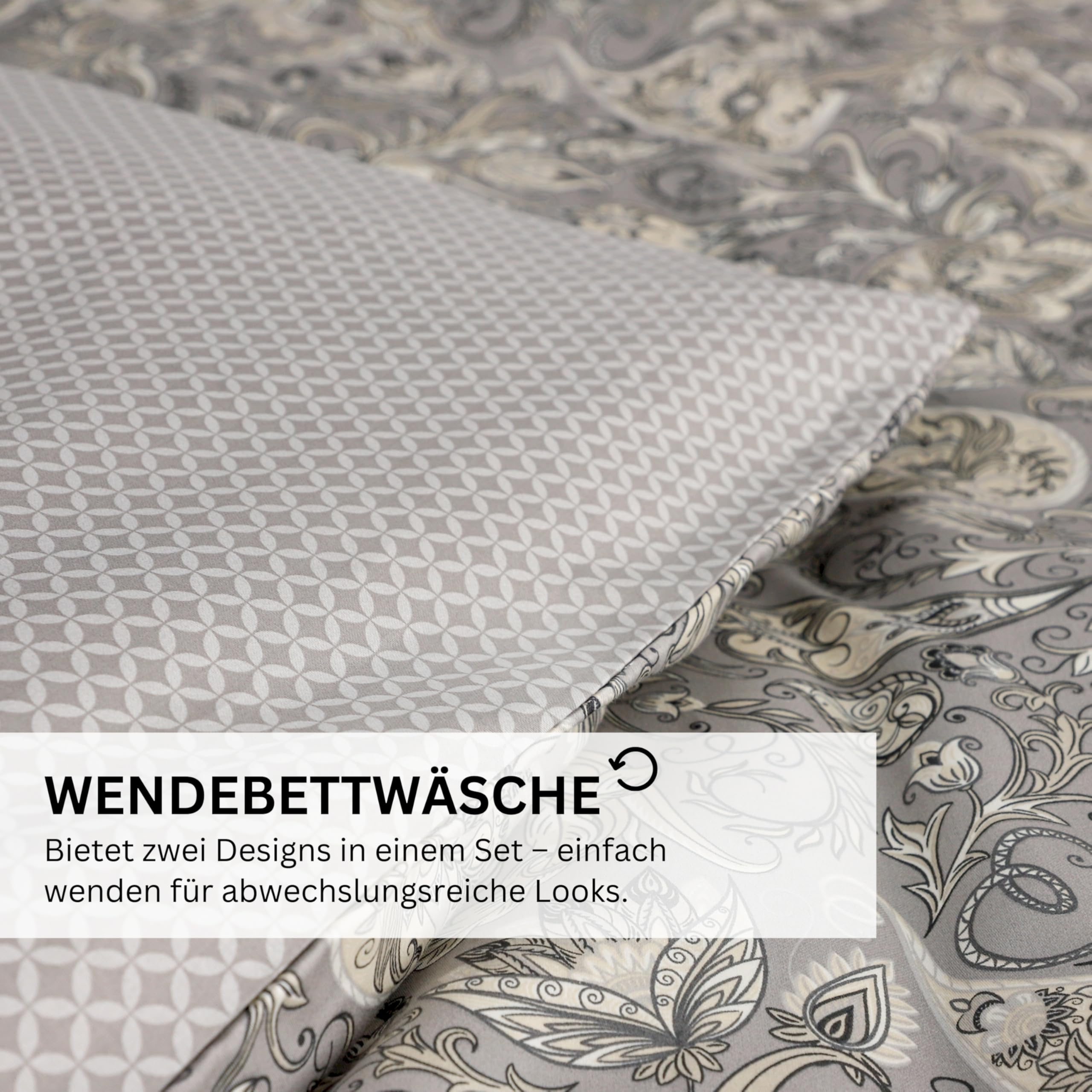 Esprit satynowa pościel 135 x 200 cm, bawełna szara – poszewka na kołdrę w stylu boho Paisley + poszewka na poduszkę 80 x 80 cm – luksusowy 2-częściowy zestaw pościeli w jakości hotelowej z zamkiem