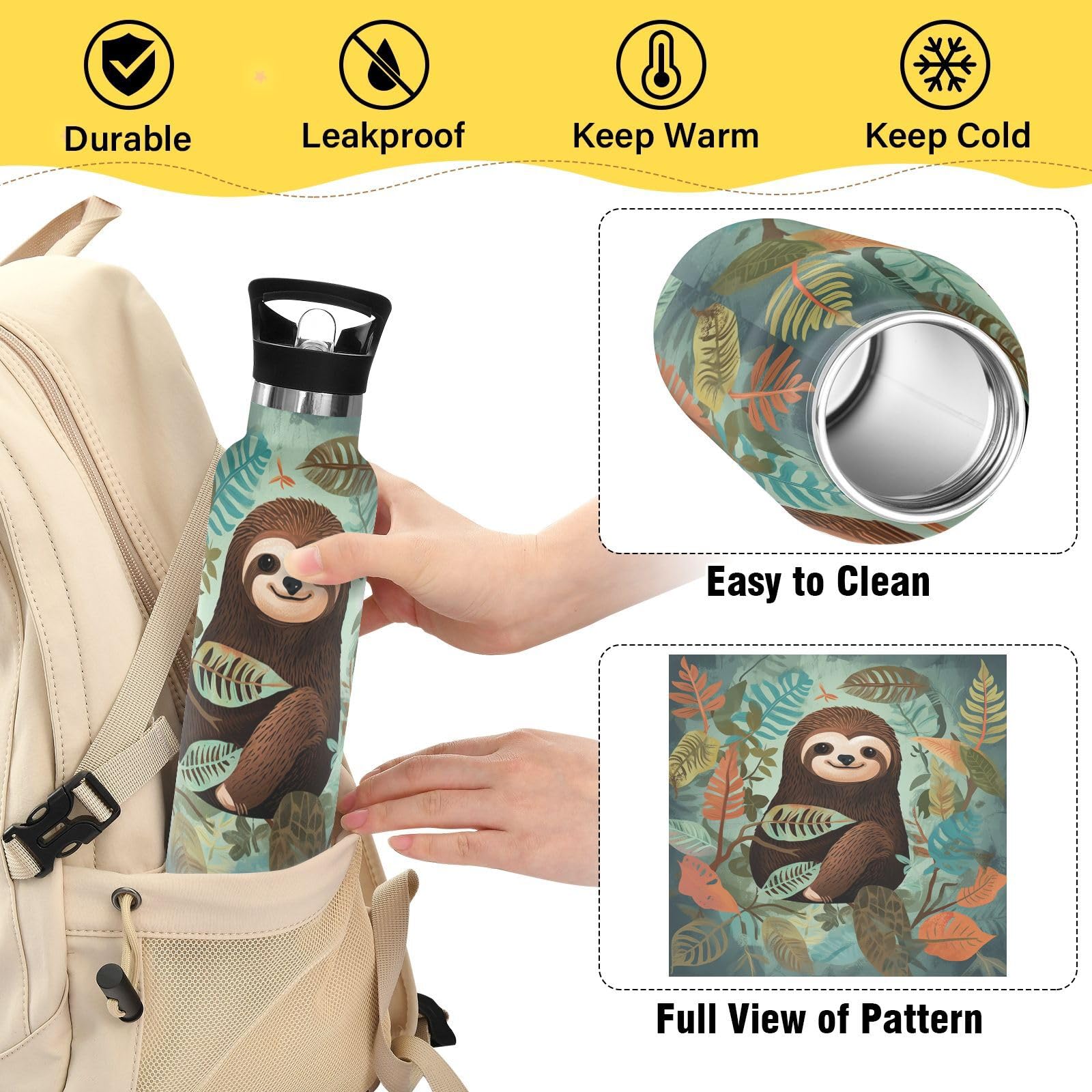 Qilmy 20 Oz Stainless Steel Sloth Water Bottle - Vacuum Insulated Sport Bottle With Straw Lid - View #7