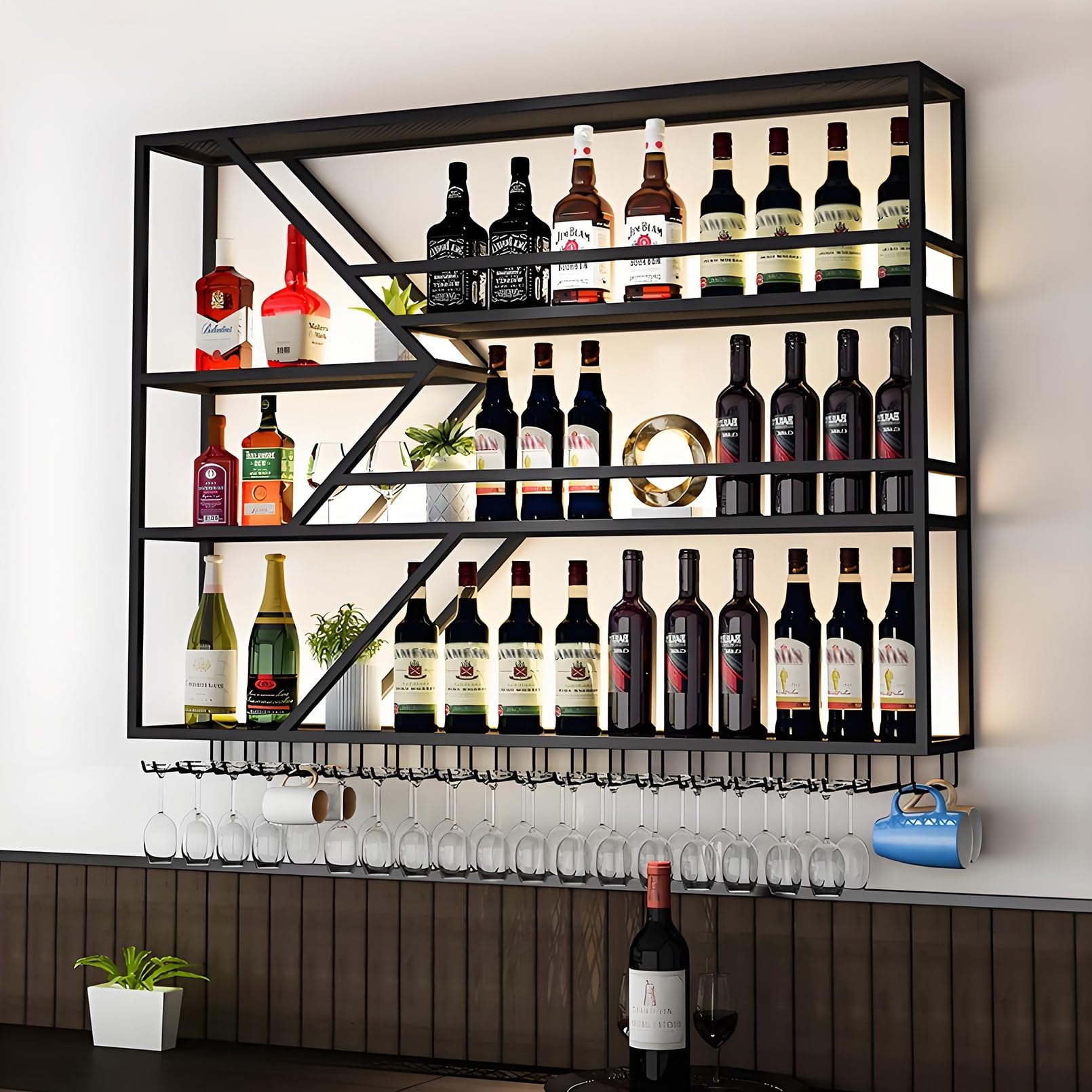 Estantes flotantes de metal con iluminación LED para colocar en la pared botellas de vino y licor, solución de almacenamiento multifuncional que ahorra espacio