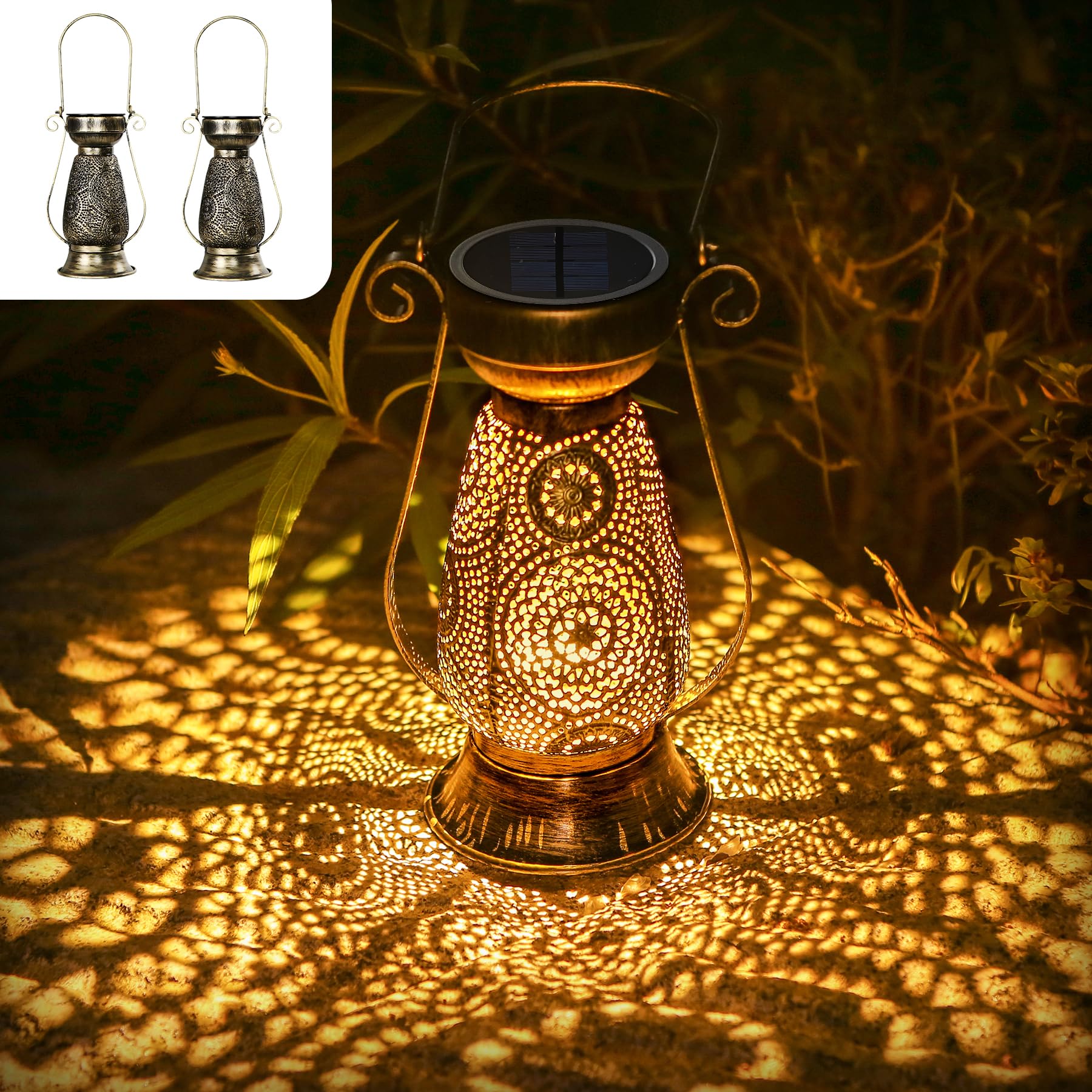 2 Stück Marokkanische Solar Laterne Outdoor, Retro-Gold Metall Solarlaterne für Außen, IP65 Wasserdicht Solarlampen für Außen Hängend für Garten Balkon Weihnachten Geschenke für Frauen Mama Oma