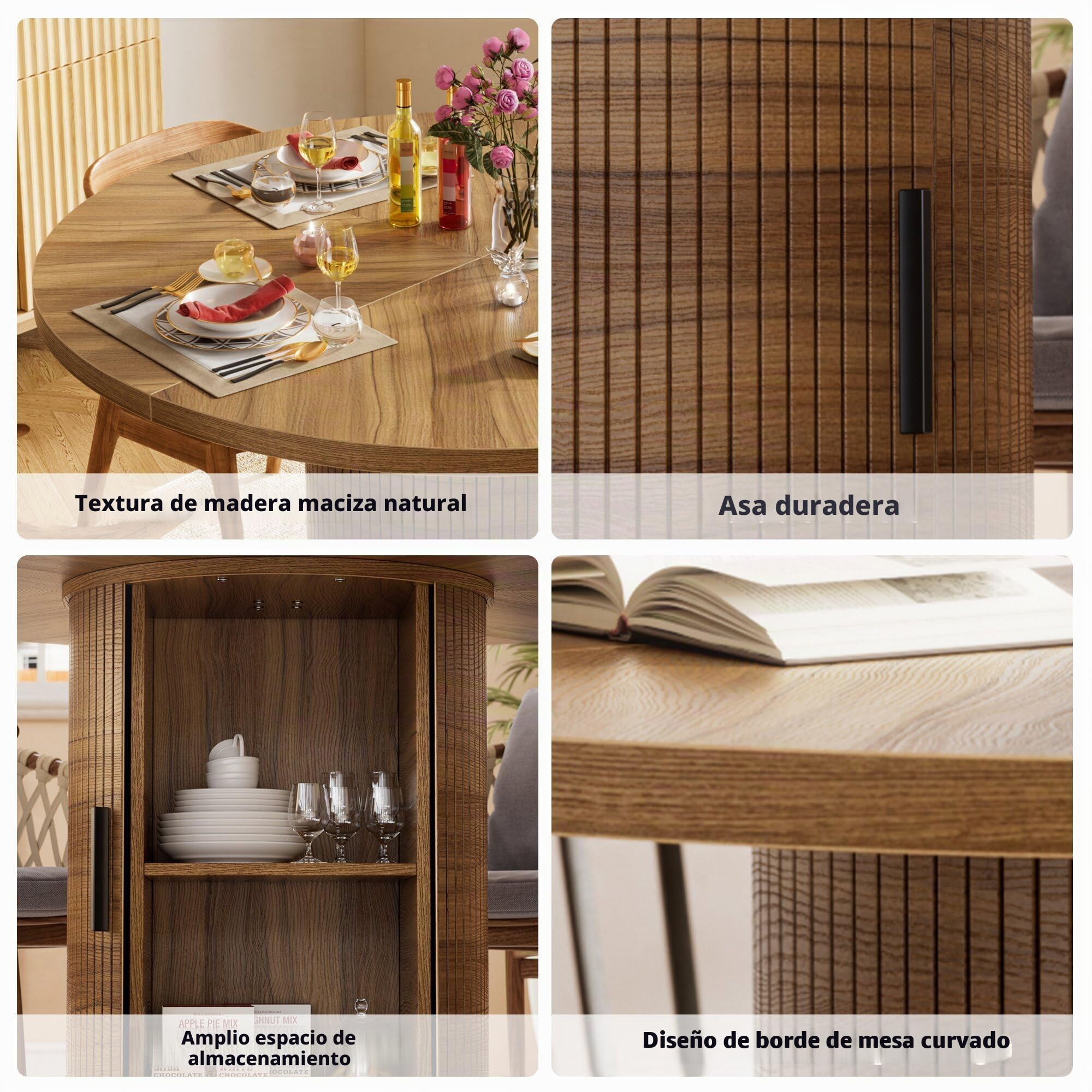 Mesa de Comedor Redonda Madera 100CM Mesa de Cocina Redonda con Estante de Almacenamiento de 2 Niveles y Puerta Corrediza de Madera Mesa de Comedor o Cocina Estable Mesa Redond Comedor 4 Personas