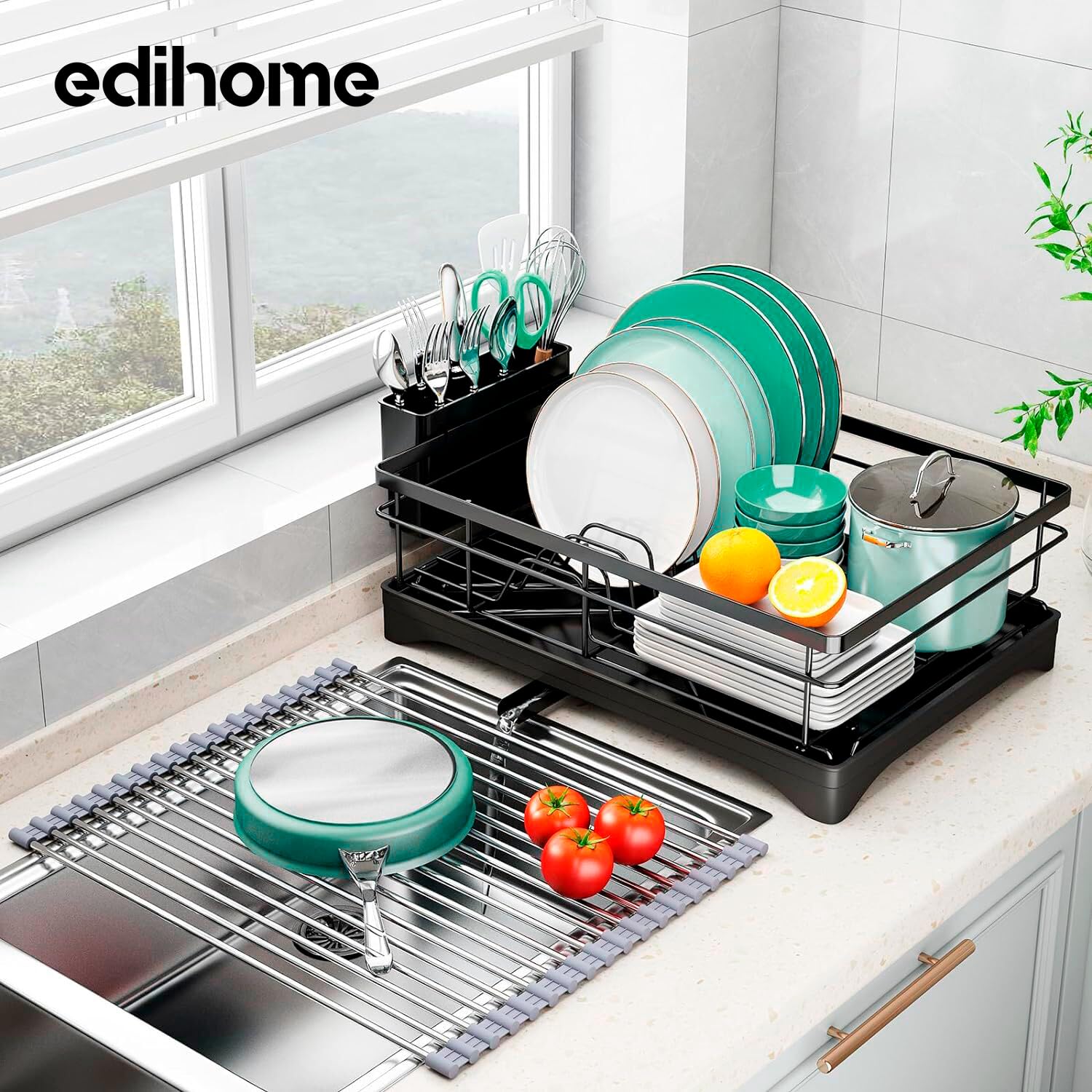 edihome, Escurreplatos sobre Fregadero, Escurridor de Platos, Acero Inoxidable, Bandeja Antigoteo y Boquilla de Drenaje, Drying Rack, para Ollas Cocina, Vajilla, Escorredor de Louça (1 Nivel)