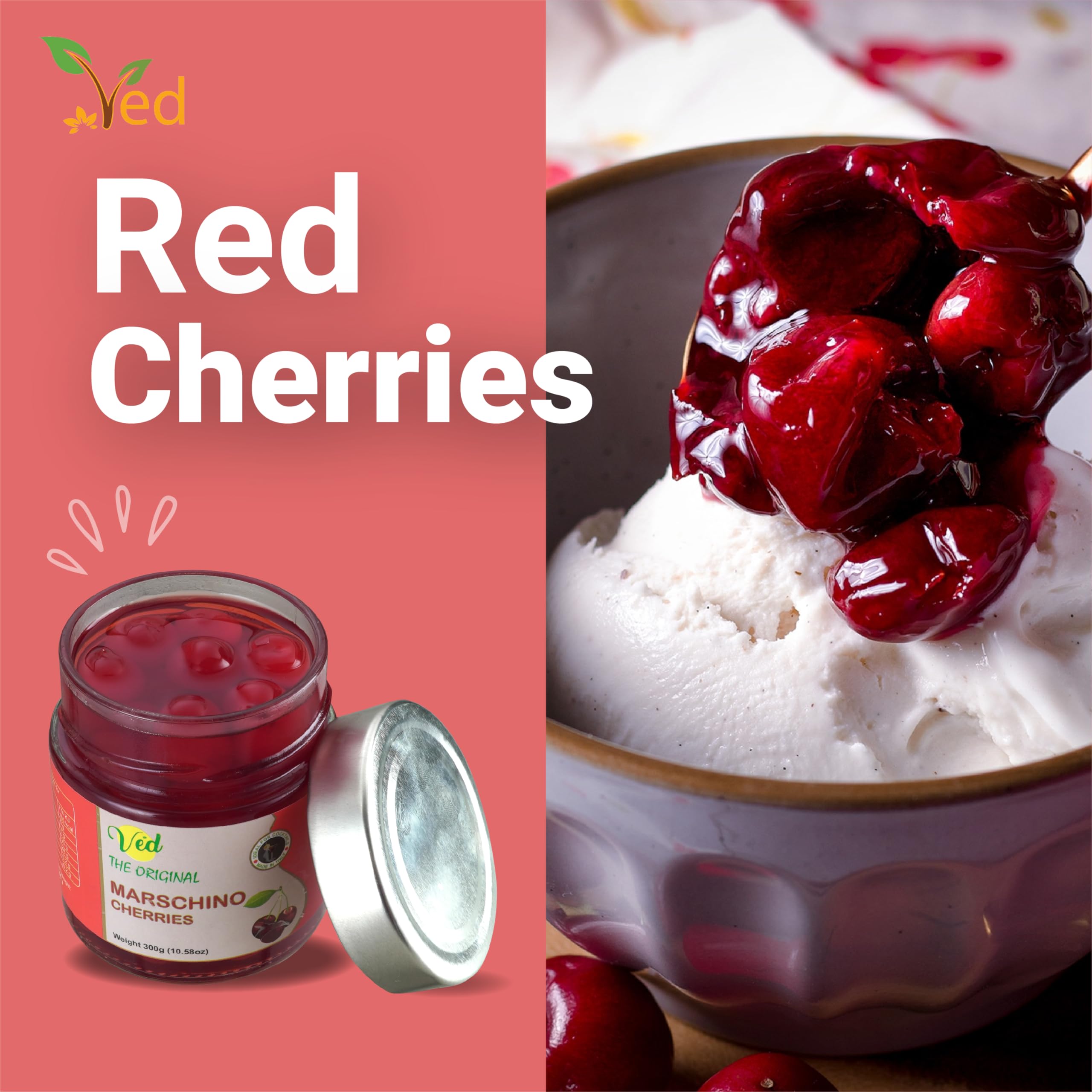 Ved Gourmet Original Red Maraschino Cherries Cereza italiana para cócteles a la antigua - Cóctel vegano, cerezas Bourbon en almíbar natural para cobertura de cóctel,600G