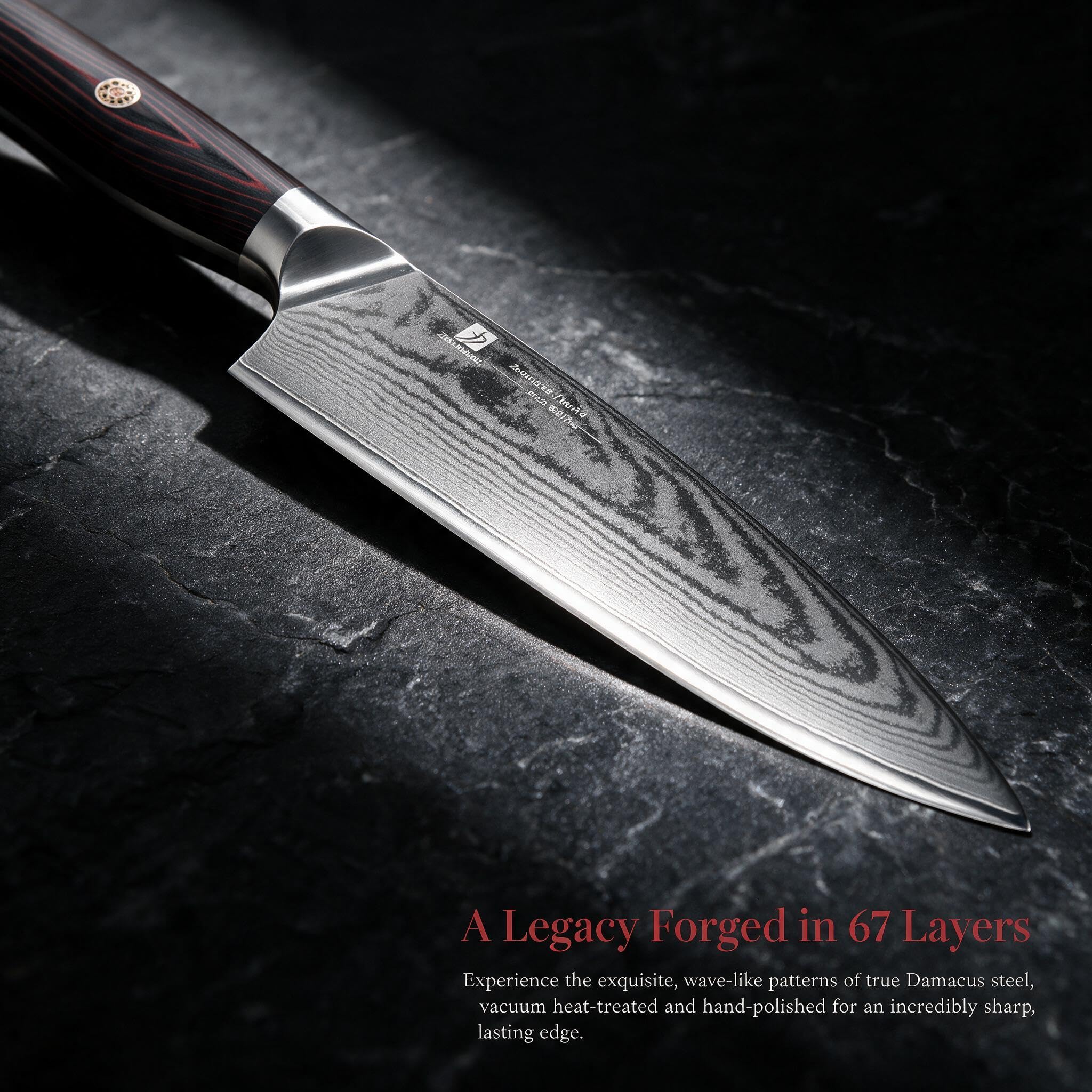 8-Inch Damascus Chef Knife, 67-Layer High Carbon Stainless Steel Kitchen Knife with Ergonomic Red Black G10 Handle, Protective Sheath & Gift Box for Home and Professional Cooking — Amazon image 8