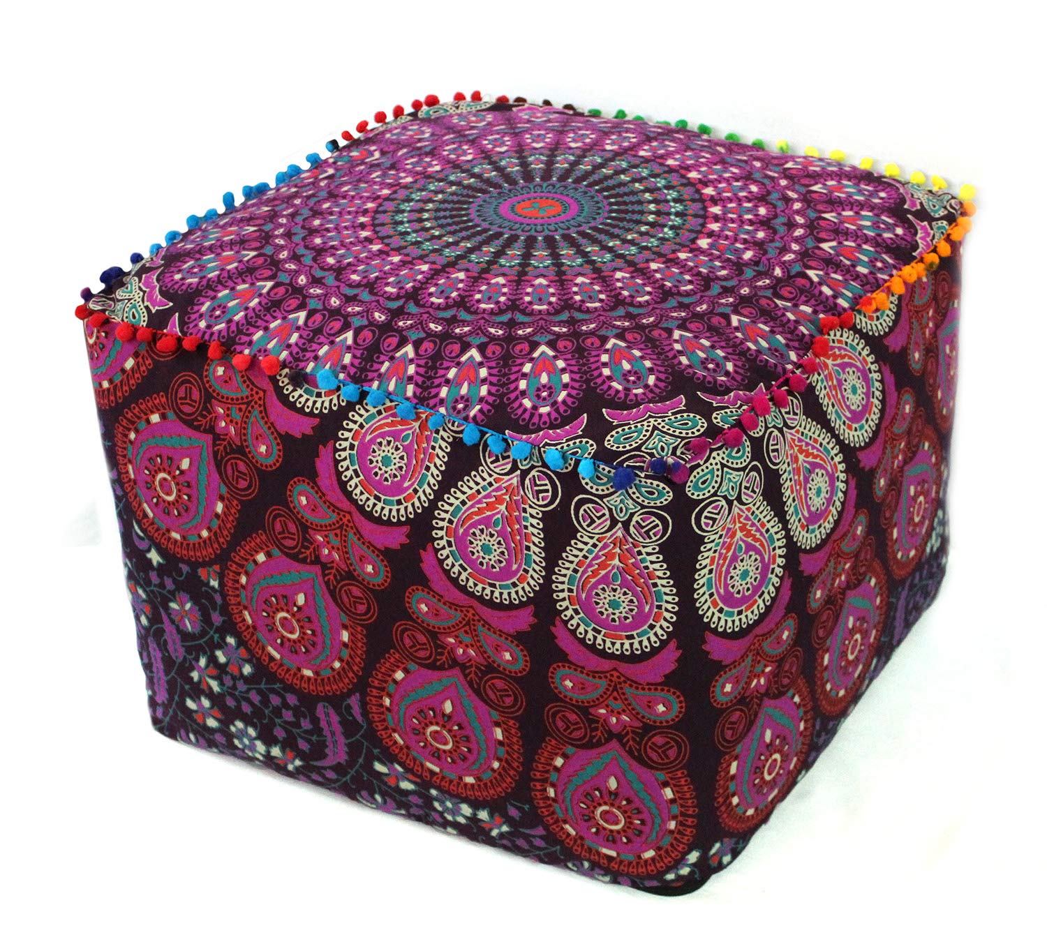 CRAFT KALA Indian Square Patchwork Traditional Pouf Cover Indian Living Room Poufs Cover Decorative Designer Ottoman Home Living Footstool Chair Cover Ottoman Decor 16X16X14 inches, Pink Mirchi