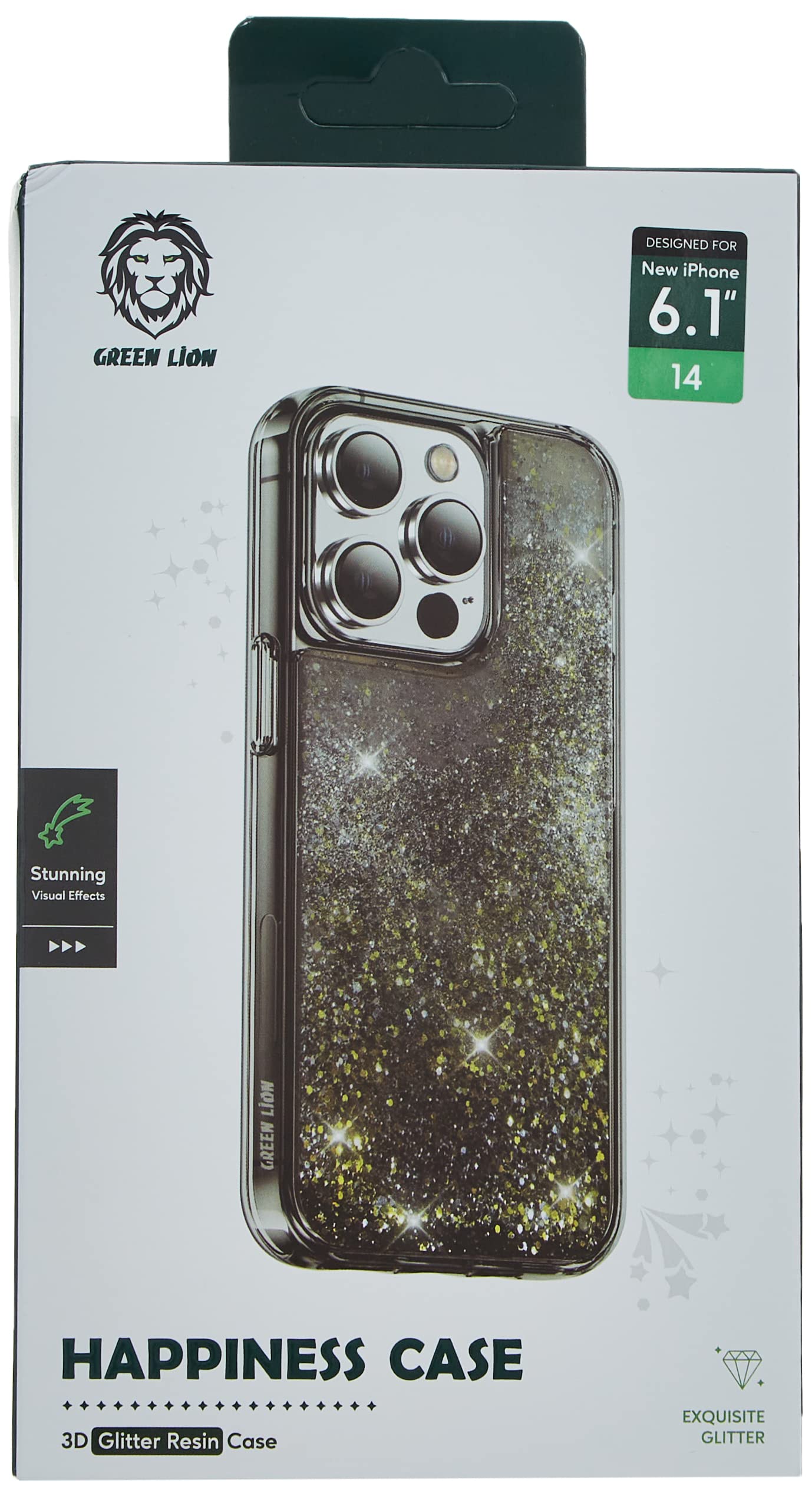 Green Lion iPhone 14 For Happiness 3D Glitter Resin Case - Black