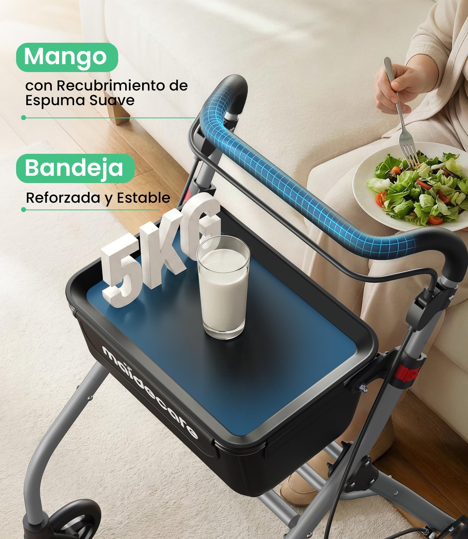 Andador para Ancianos, Andador Plegable con Asiento para Personas Mayores, Estrecho para Apartamento, Modelo de Interior Plegable y Ligero con Bandeja y Bolsa de Tela, 4 ruedas, Aluminio, Plata