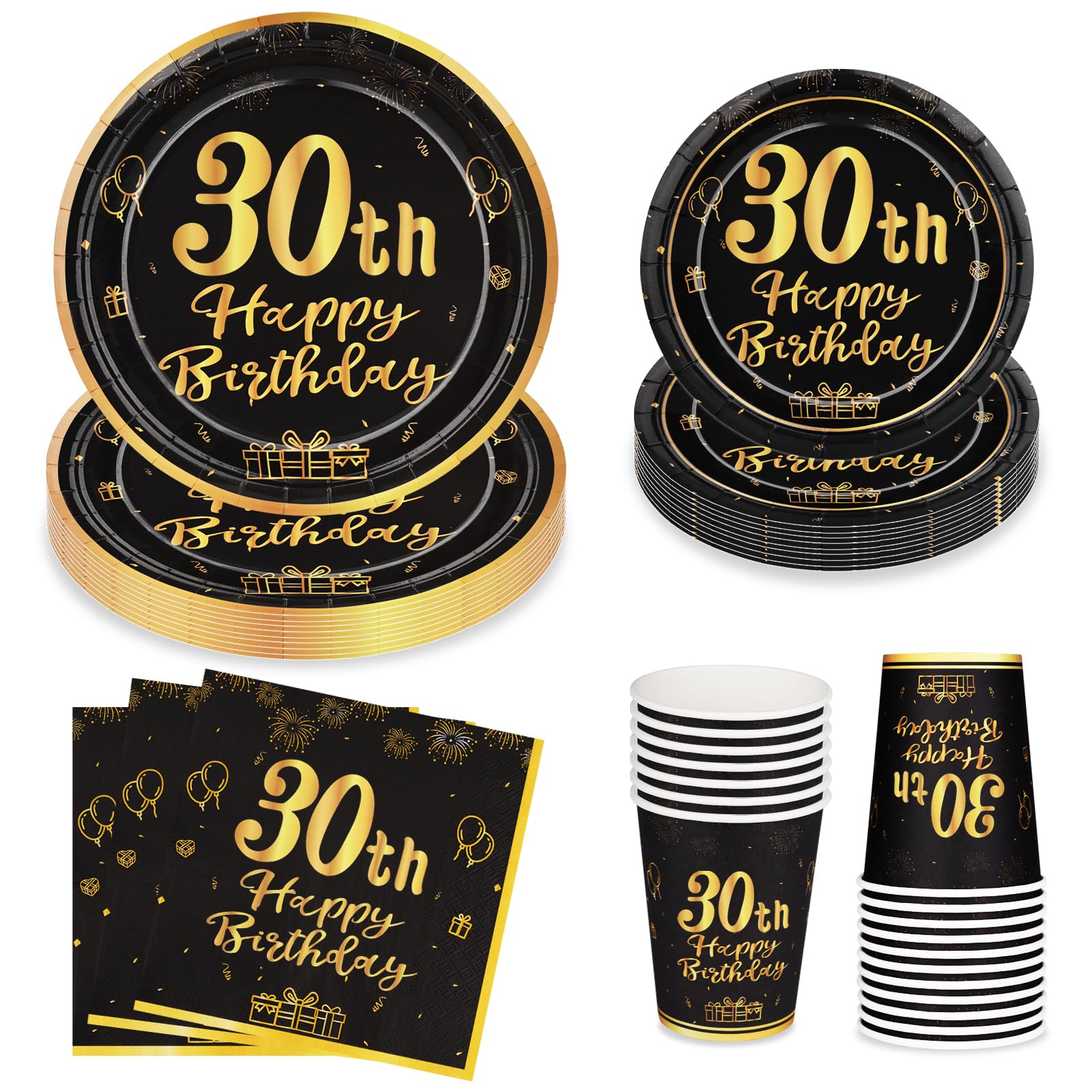 LAWALEISHE 30th Happy Birthday Party Plates Cups and Napkins, Black Gold 9" and 7" Disposable Paper Plates and Cups, 96pcs Party Tableware Set 24 Guests, Birthday Supplies for Table Decorations