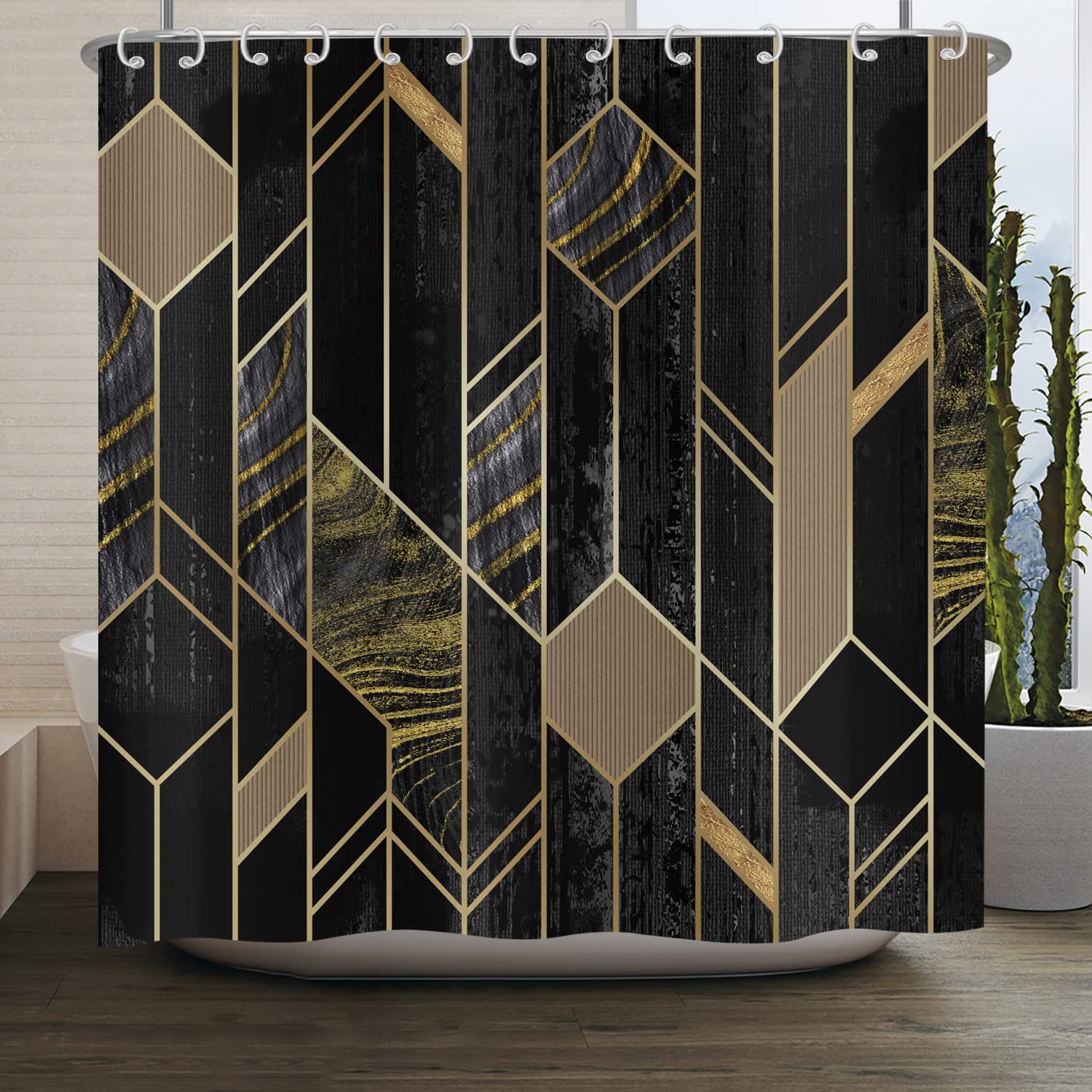 ASDCXZ Shower Curtain Black Gold Marble 165x180 cm, Modern Light Luxury Gold Line Marble Optic Bathroom Shower Curtains Washable Polyester Textile Waterproof Shower Curtain for Bathtub with 12 Hooks — image 1