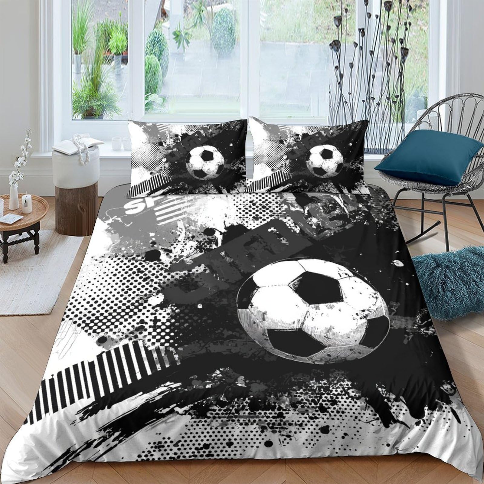 Ctjqhvkz Style-10 3D Printed Soccer Splash Fitted Sheet Microfiber Black White Graffiti Bed Cover For Bedroom Dorm Mattress Decor Single（135X200cm）