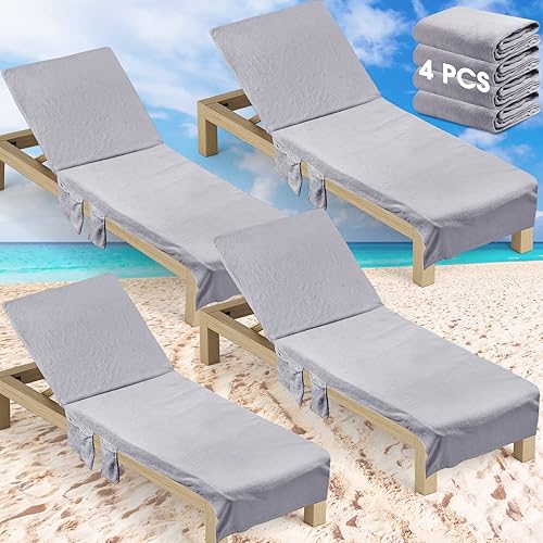 Redbaker 4 fundas de algodón suave para silla de playa, toalla para tomar el sol, viajes, tumbona, con bolsillos laterales y superiores, para