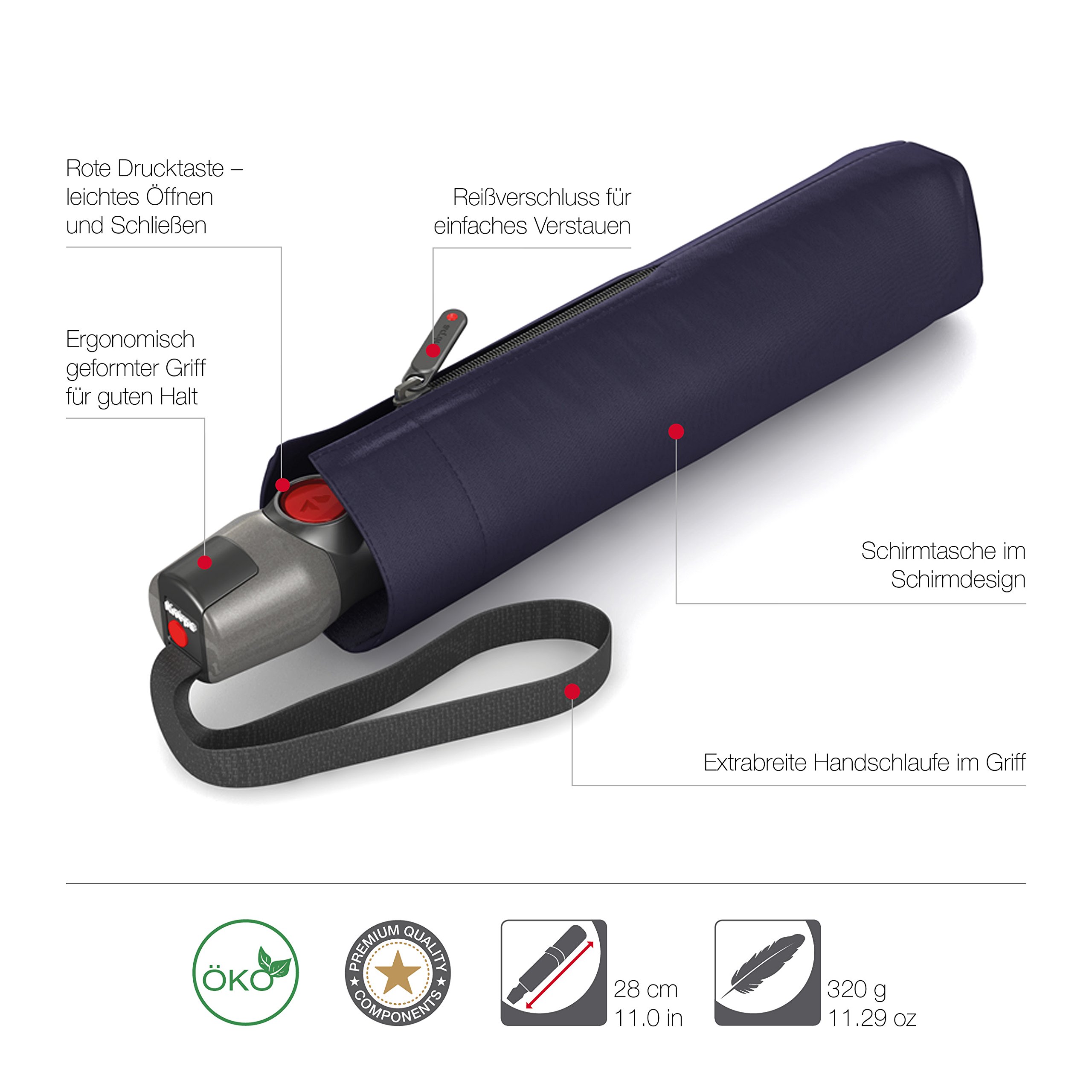 Knirps - Ombrello tascabile T.200 Duomatic Solids - A scomparsa automatica - Pieghevole - Resistente alle intemperie - Antivento - Navy