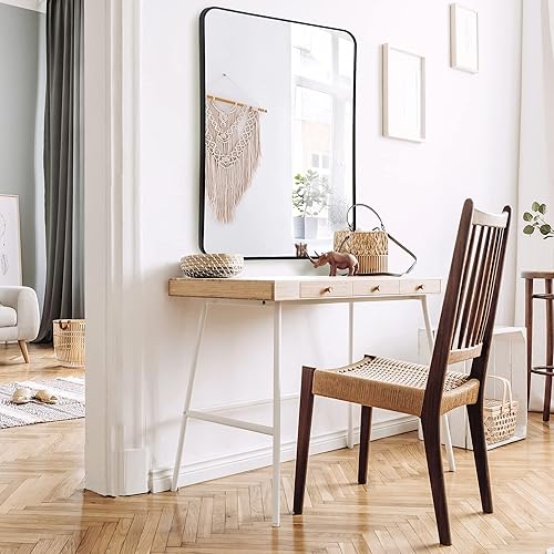 Miniatura 8 de SUPER DEAL Espejo de pared negro de 24 x 36 pulgadas para baño, marco de metal de acero inoxidable con esquina redondeada, espejos rectangulares