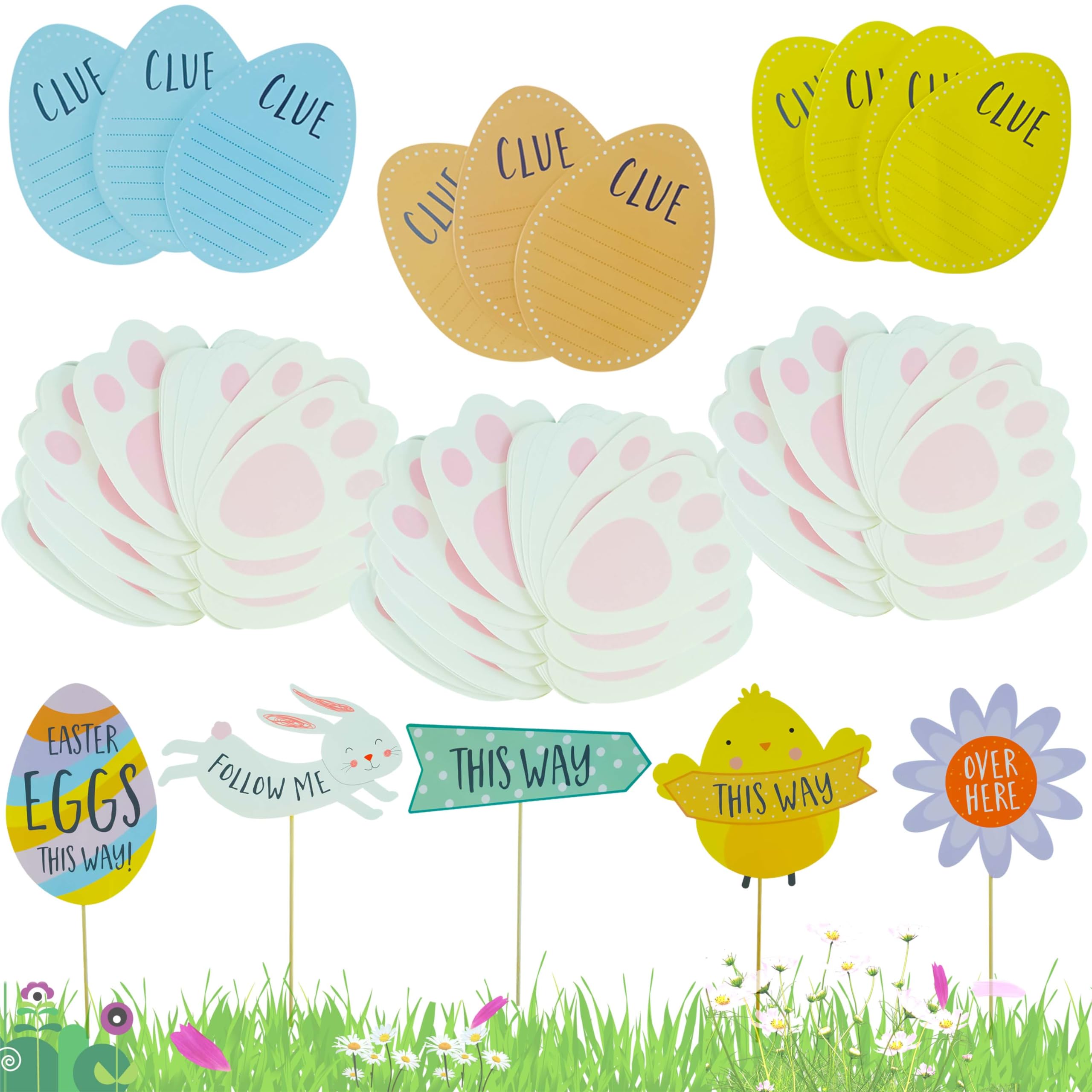 65Pcs Easter Themed Yard Signs, Egg Hunt Game Markers, Easter Hunt Sign Directions for Garden Egg Game Arrows Directions for Outdoor Party Supplies