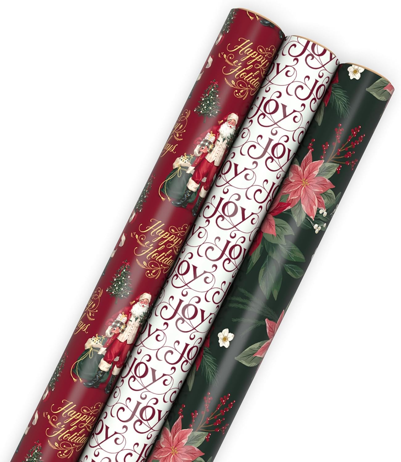 Hallmark Elegant Christmas Wrapping Paper Rolls (3 Rolls: 120 Sq. Ft. Total) Red Joy on White, Santa Claus and Happy Holidays on Red, Painted Poinsettia on Hunter Green