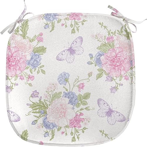Miniatura 2 de Lunarable Shabby Flora - Juego de 4 cojines de asiento para silla, diseño floral con brotes y mariposas, arte de hiedra, remolinos, acolchado de