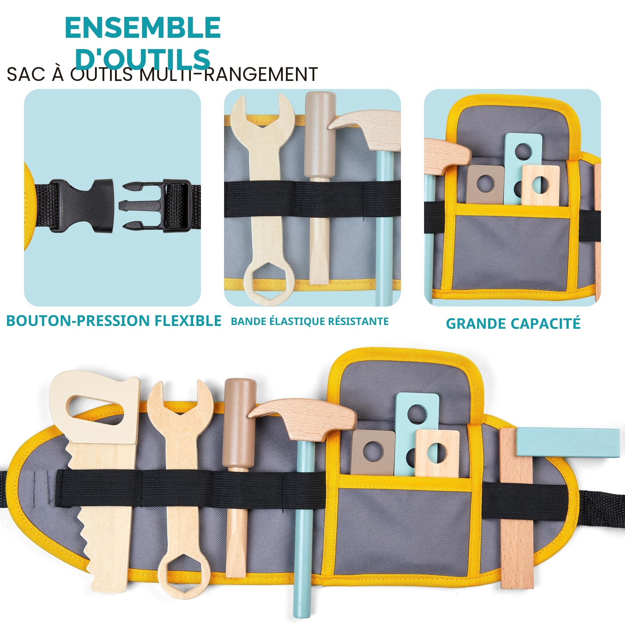Banc à Outils pour Enfants en Bois avec Ceinture, Établi de Travail pour Tout-Petits, Ensemble de Construction, Jouet en Bois, Cadeau