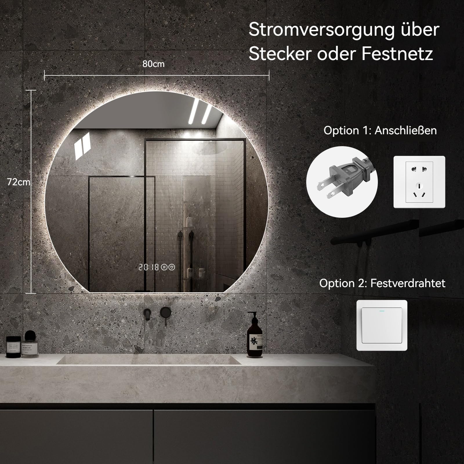 Gecheer LED-Badezimmerspiegel, 80 cm Durchmesser, integrierte Beleuchtung, dimmbar, 3 Farben (3000/4000/6000K), beschlagfrei, rund, für Make-up, Rasur, für Moderne Badezimmer, Schlafzimmer