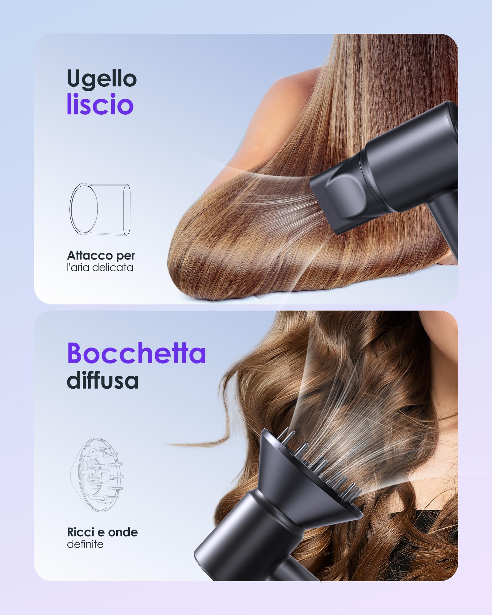 Bopcal Phon Capelli Professionale con Diffusore - 160000 giri/min ad Alta Velocità per Riccioli Secchi, Asciugacapelli con 500 Milioni di Ionico 892-B