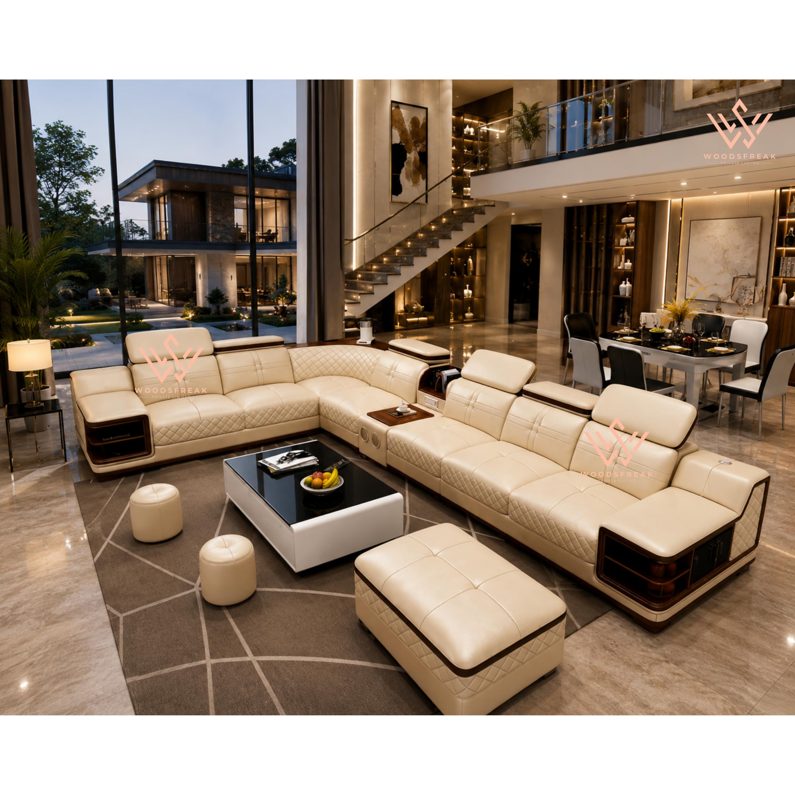 Woodsfreak Leatherette U Shape Sofa Set 3+2+2 7 Seater & 2 Stool | Sectional Sofa Set Without Centre Table for Your Living Room/Office/Dining Room/Hall (Color Beige) Pack of 1