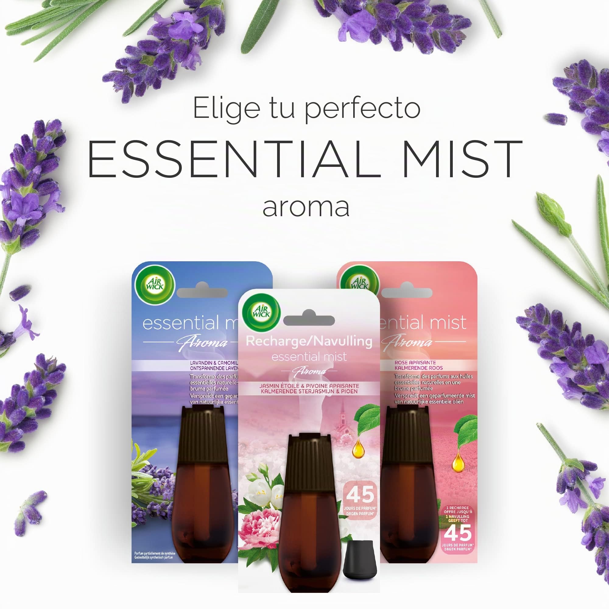 Air Wick Difusor automático de fragancias Essential Mist - Recambio - Descanso Interior - Niebla Perfumada de Aceites Esenciales - 6 x 20 ml