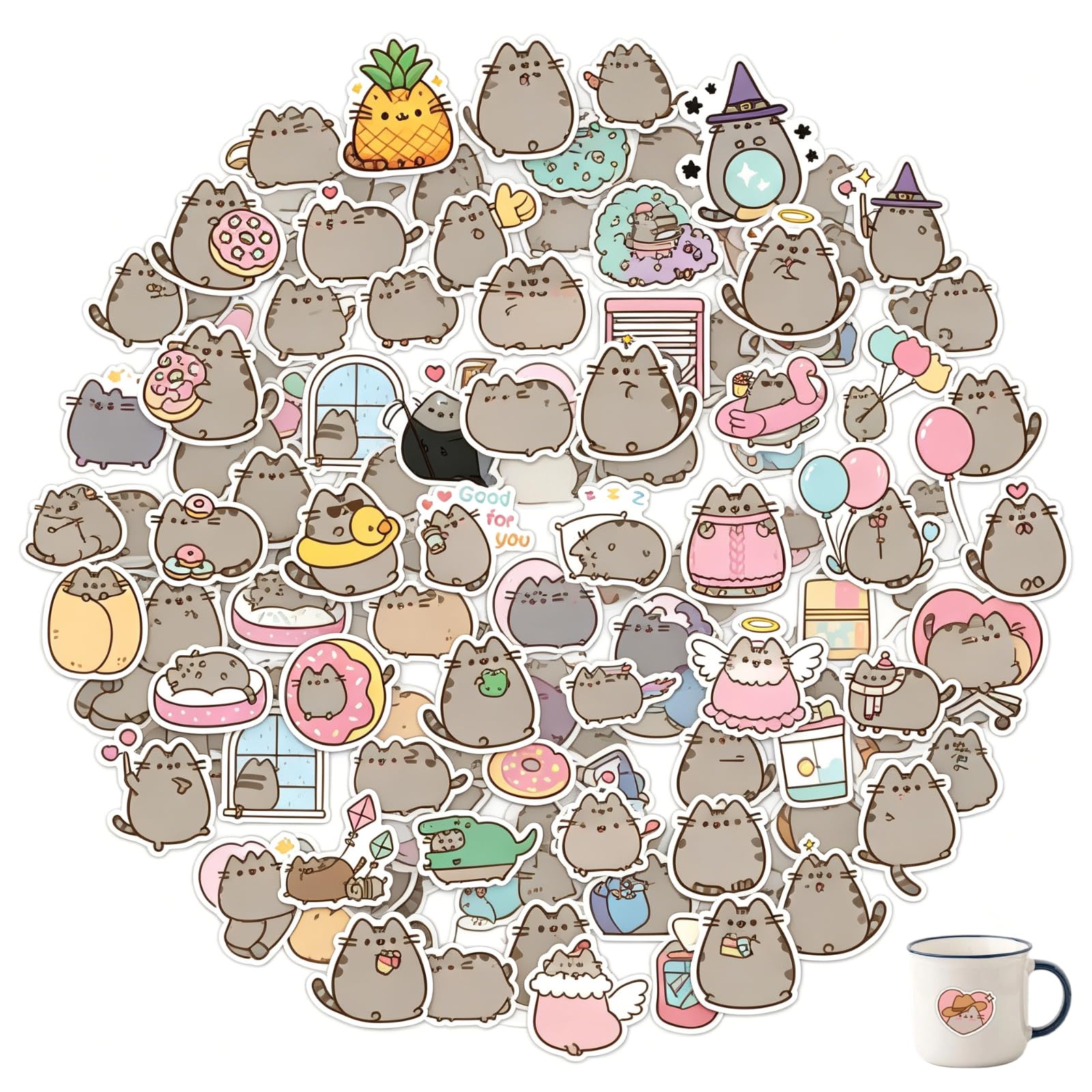 Pusheen Stickers, 110Pcs Cartoon Waterproof Vinyl Stickers for Water Bottle Laptop Decals Aesthetic Stickers for Kids Teens DIY Gifts