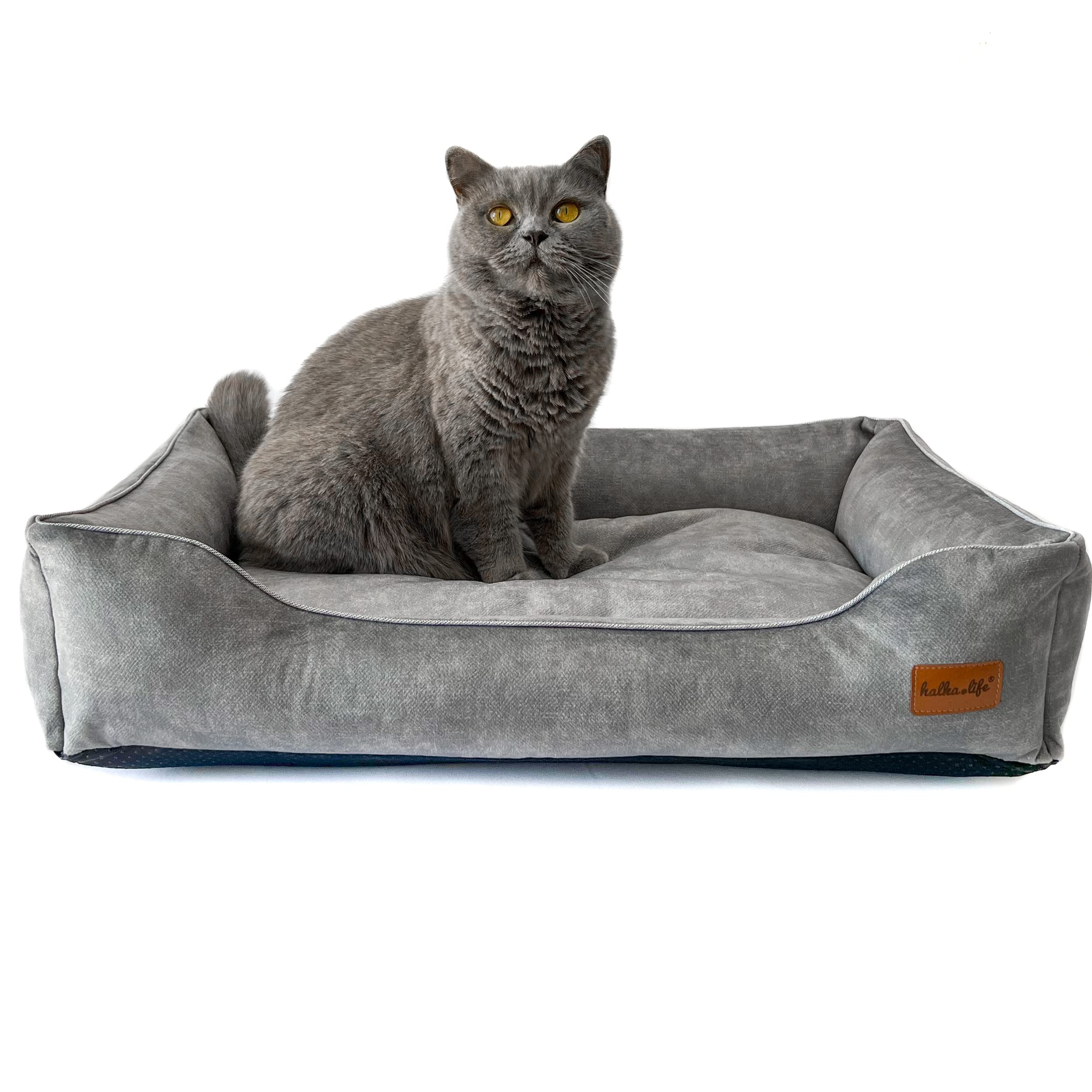 Halkalife A velvet Cat Bed - A Sofa for a Small Dog - a Dog Bed with Raised Edges - a Dog Bed made of upholstery material - a Detachable Dog Bed (S (17,7 x 25,6 x 5,9 inches), Grey)