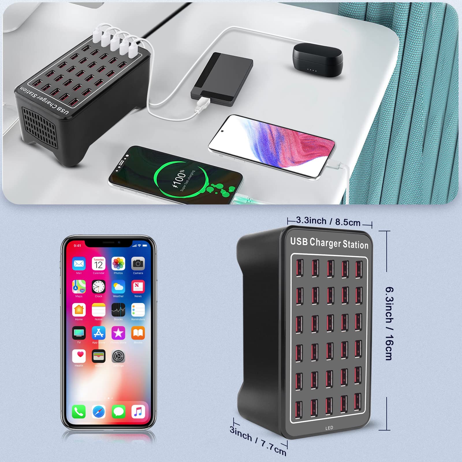 Cargador USB, Cinlinso de 30 puertos de 150 W (30 A), estación de carga USB multipuerto con detección inteligente para múltiples dispositivos, smartphones, tabletas y otros dispositivos electrónicos