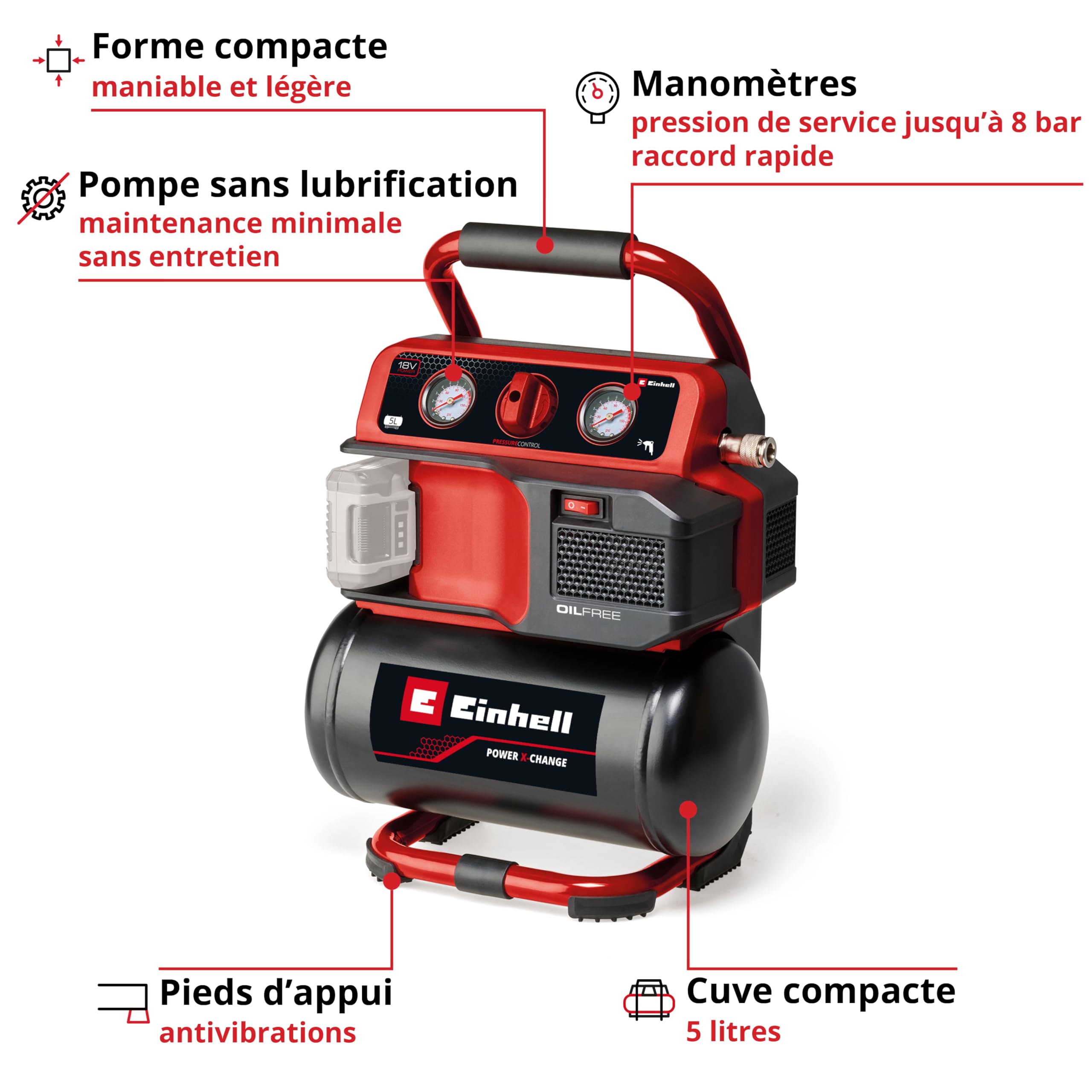 Einhell Compresseur sans fil TE-AC 18/75 Li OF-Solo Power X-Change (18 V, 8 bar max., cuve de 5 l, capacité de pompage de 75 l/min, 2 manomètres, sans lubrification, sans batterie)