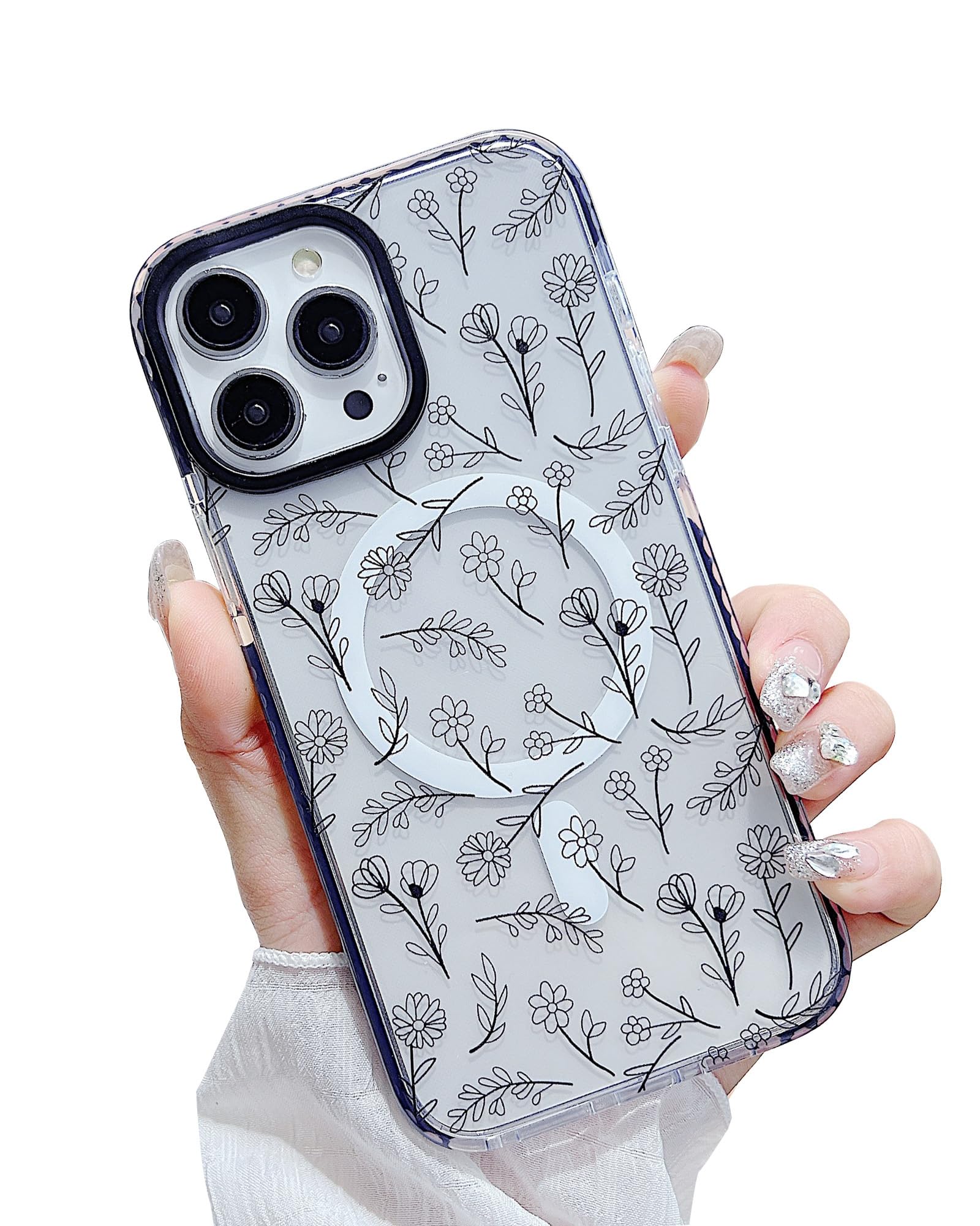 YUMUPIFE Designed for iPhone 15 Pro Max Case [Compatible with MagSafe] Clear Floral Cute Black Flowers for Women Girls Soft Silicone Shockproof for