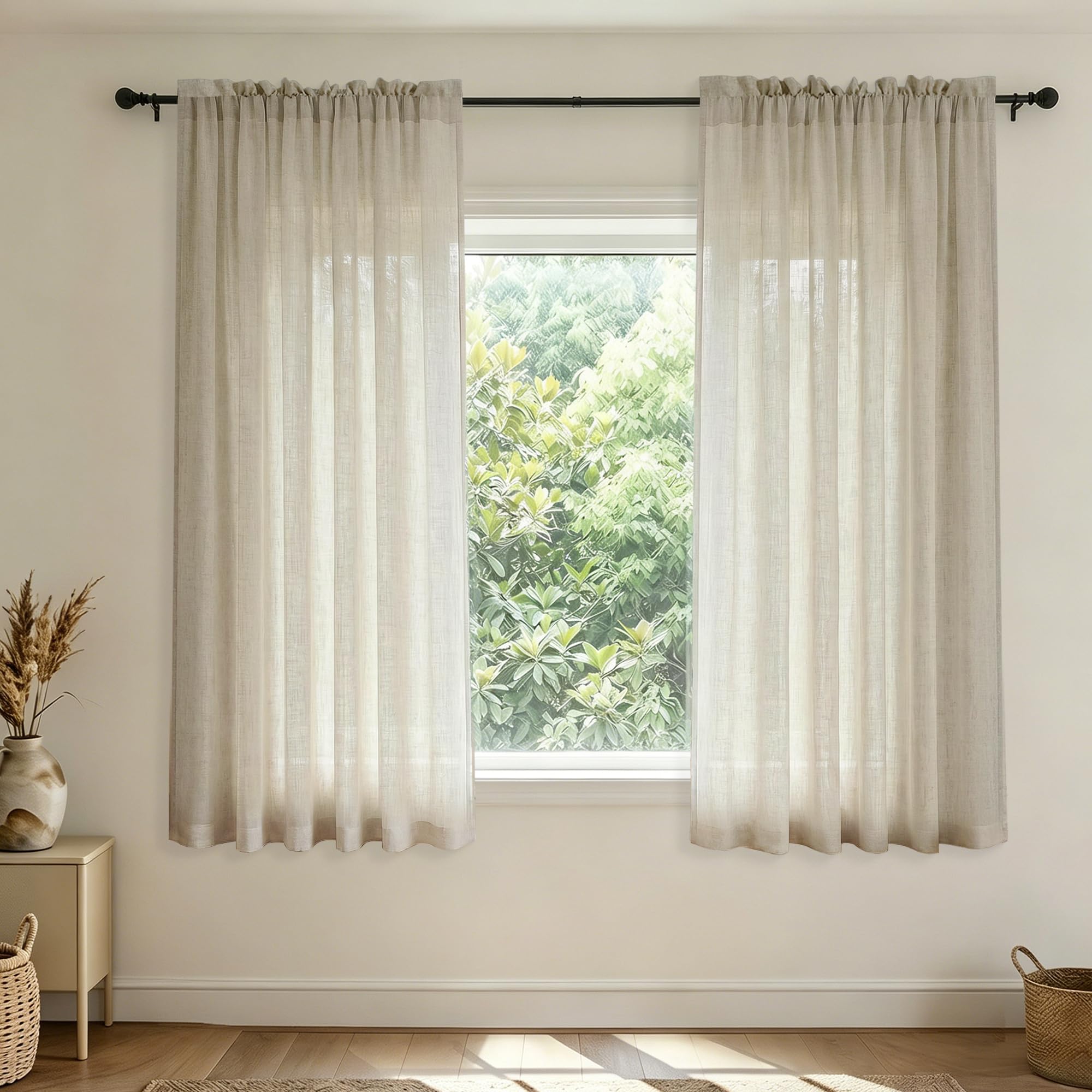 Beige Linen Curtains for Small Windows, Curtain Rod Pocket, Short and Narrow for Kitchen, Bathroom or Basement, Farmhouse Rustic Style 95×115(L) cm, 2 Pcs Tan — image 1