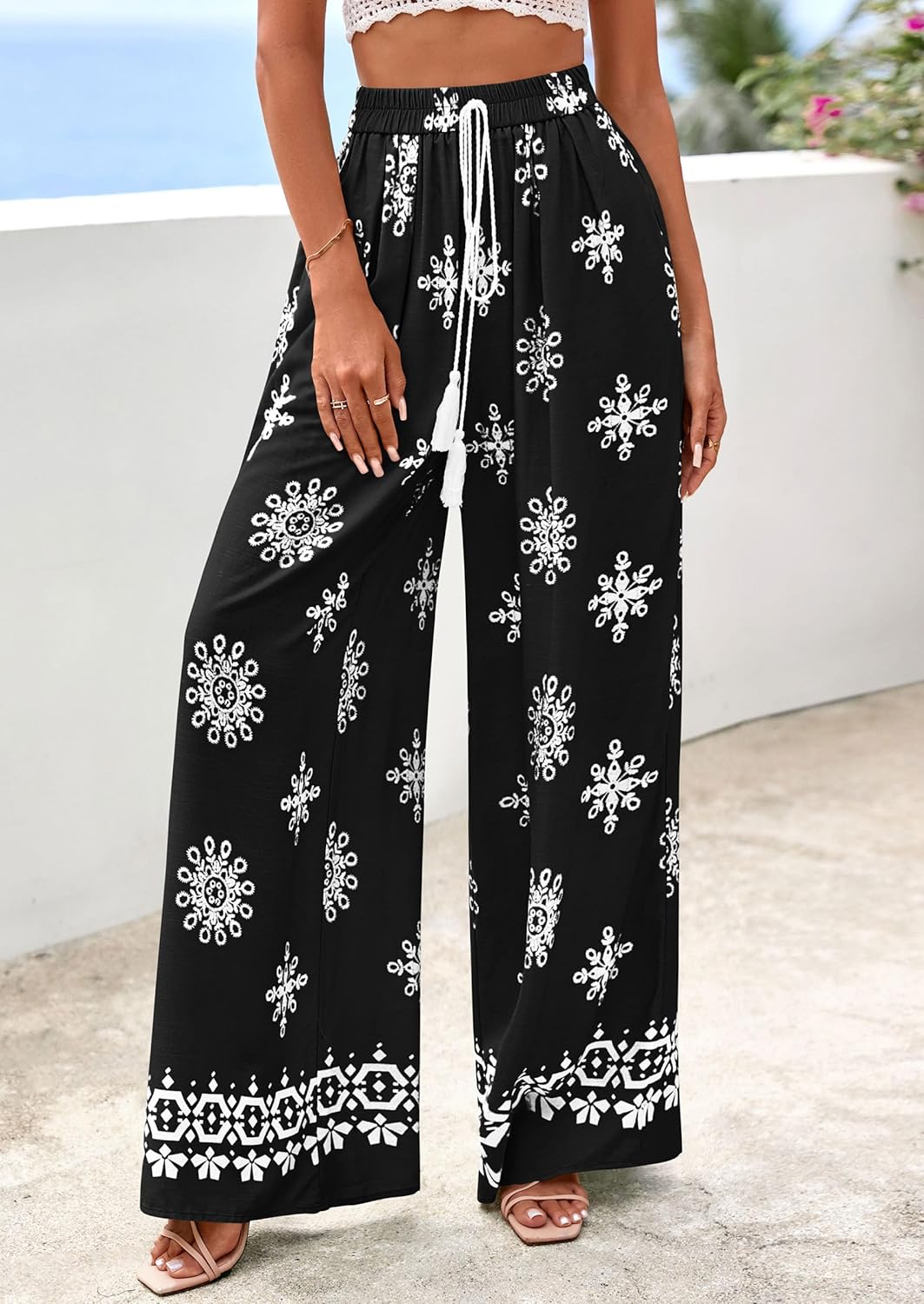 PRETTYGARDEN Women's Wide Leg Palazzo Pants 2026 Summer Boho Floral Trousers Spring Flowy Beach Vacation Clothes Resort Wear - Image 2