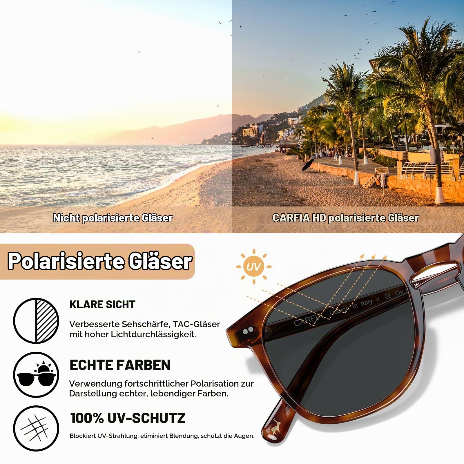 CARFIA Retro Acetat Polarisierte Sonnenbrille Herren UV400 Schutz Handgefertigter Rahmen Ergonomisches Design CA5285L