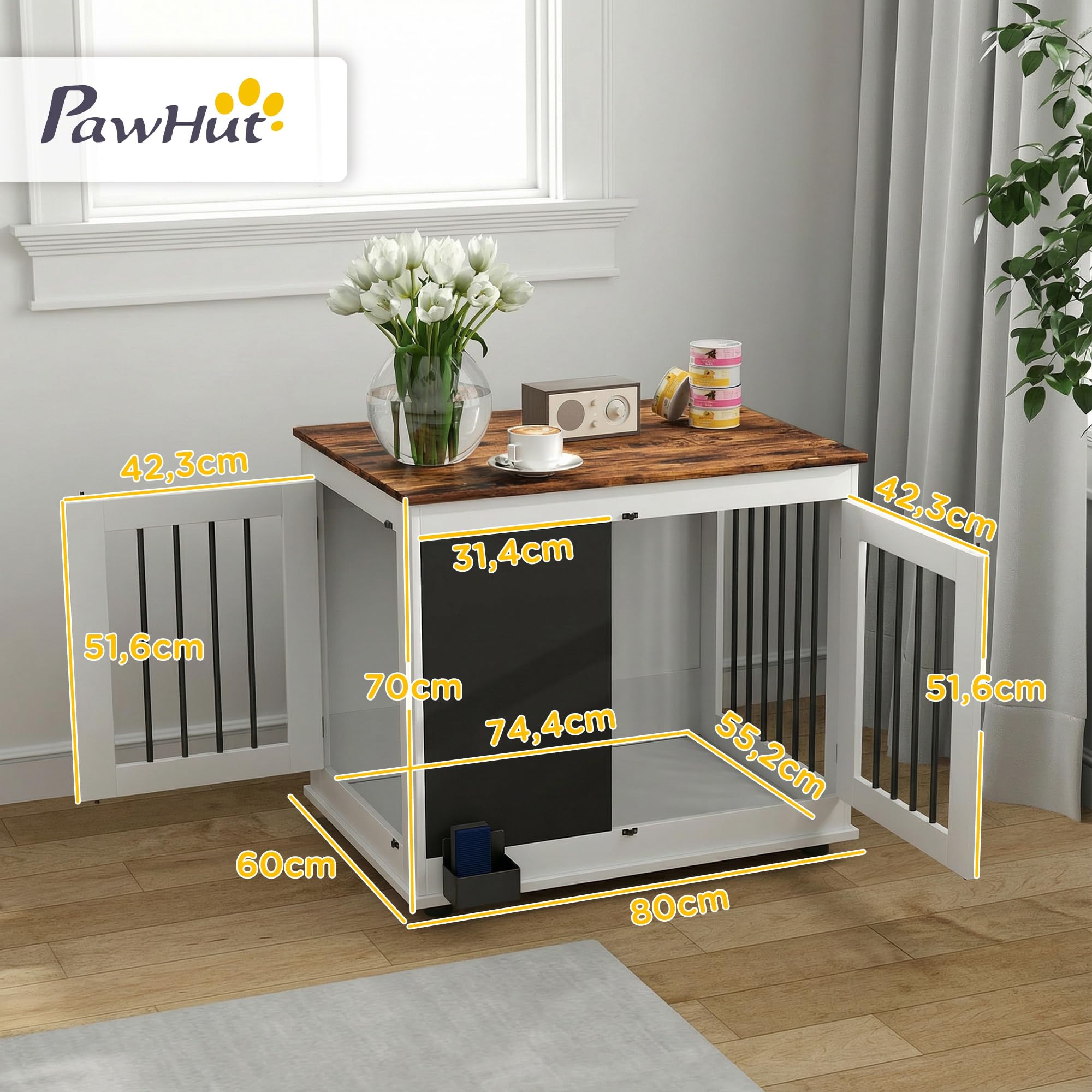PawHut Jaula para Perros, Jaula para Perros de Interior, con 3 Puertas, Pizarra, Doble función, para Perros medianos de hasta 20 kg, 80 x 60 x 70 cm, Blanco