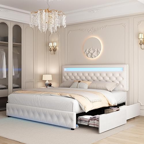 Miniatura 4 de Gegoforu - Base de cama LED Queen con 4 cajones de almacenamiento, plataforma tapizada con control inteligente RGBW luces LED cabecero, aplicación o