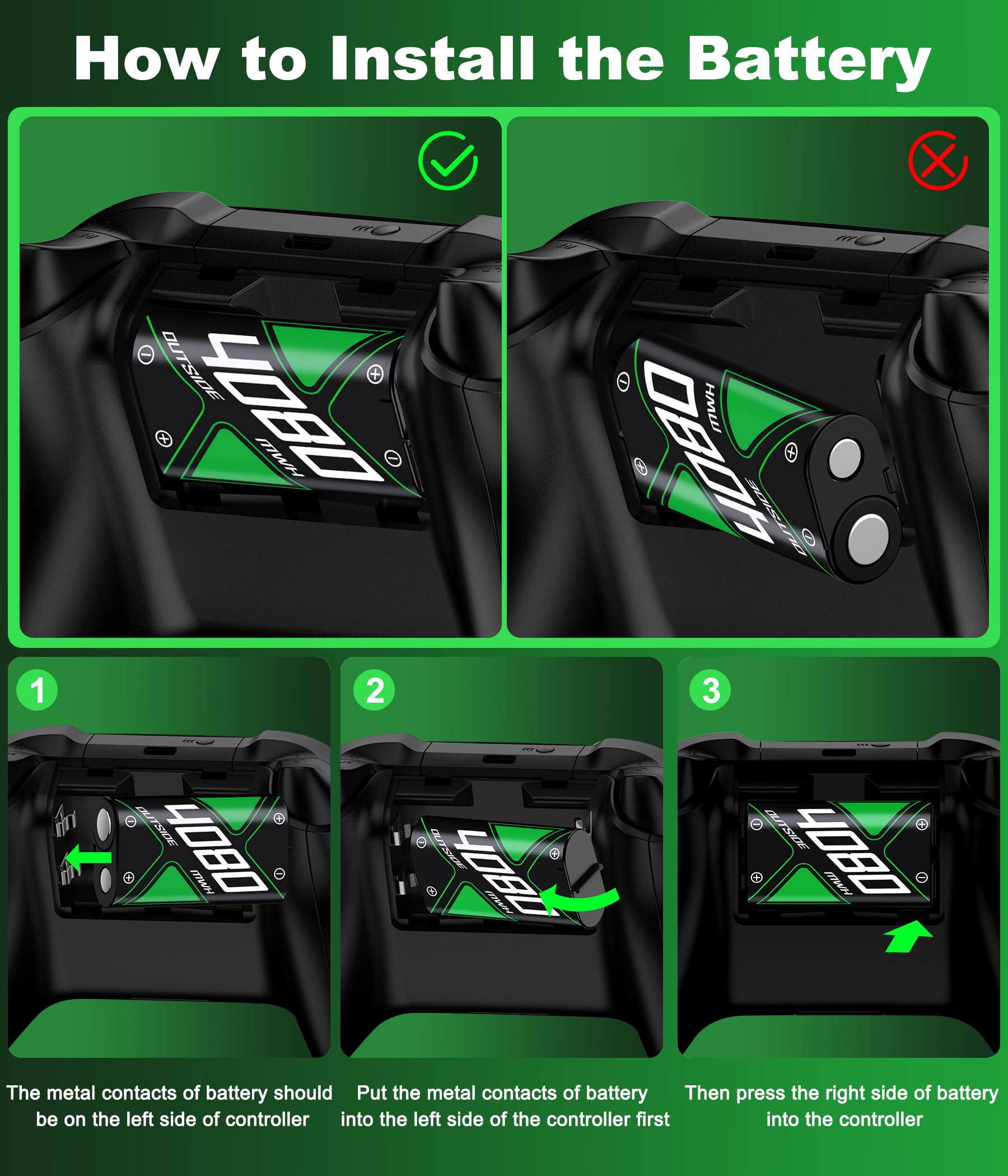 Batería para controlador Xbox con 4 baterías recargables de 4080 mWh para Xbox One/Xbox Series X/S, controlador de carga para Xbox One con interruptor de control táctil