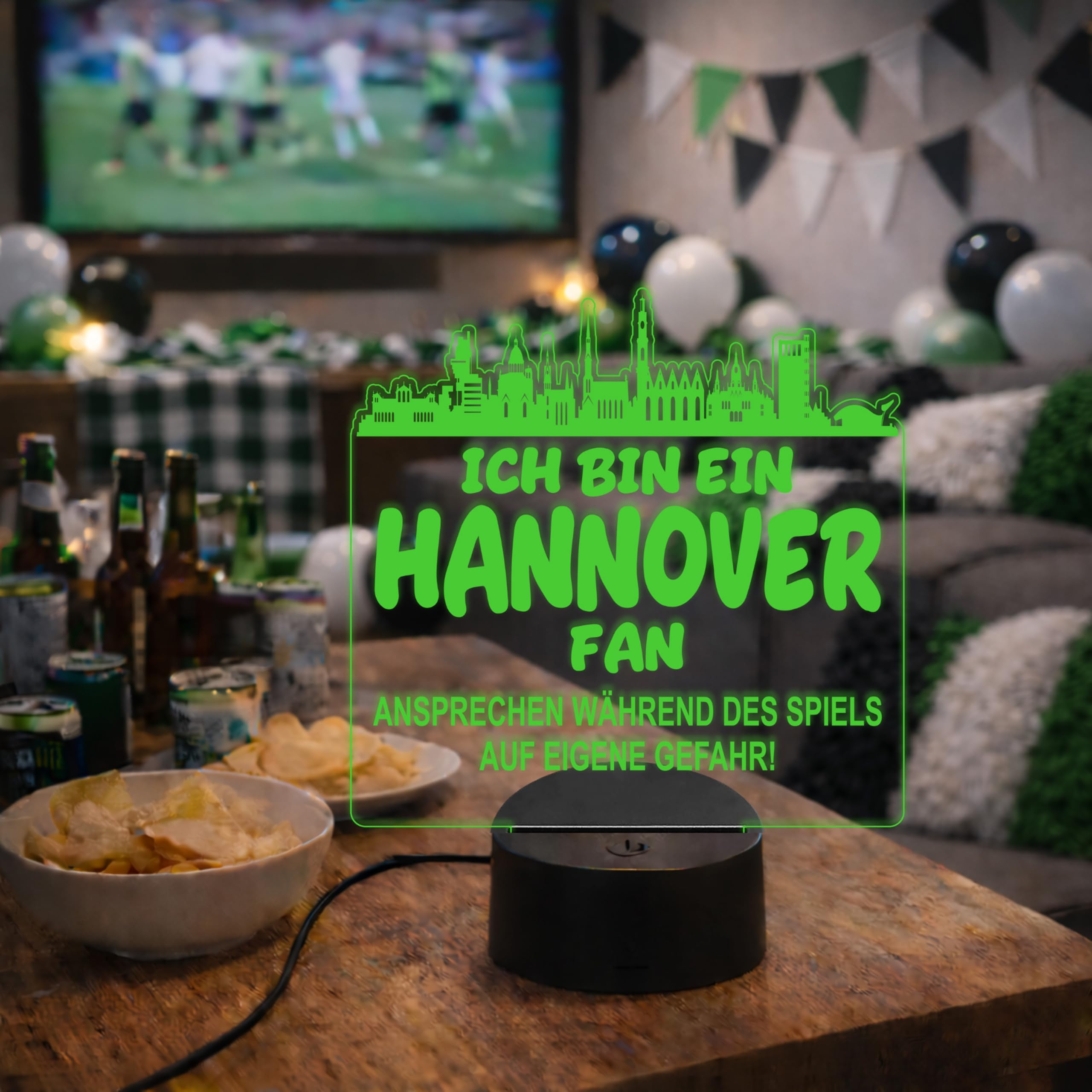 Lieblingsmensch Hannover Fan Fußball LED Nachtlicht – 3D Skyline Design „Ansprechen auf eigene Gefahr“ – RGB Farbwechsel mit Fernbedienung & Touch – Stimmungslicht für die Man Cave – 19x23cm