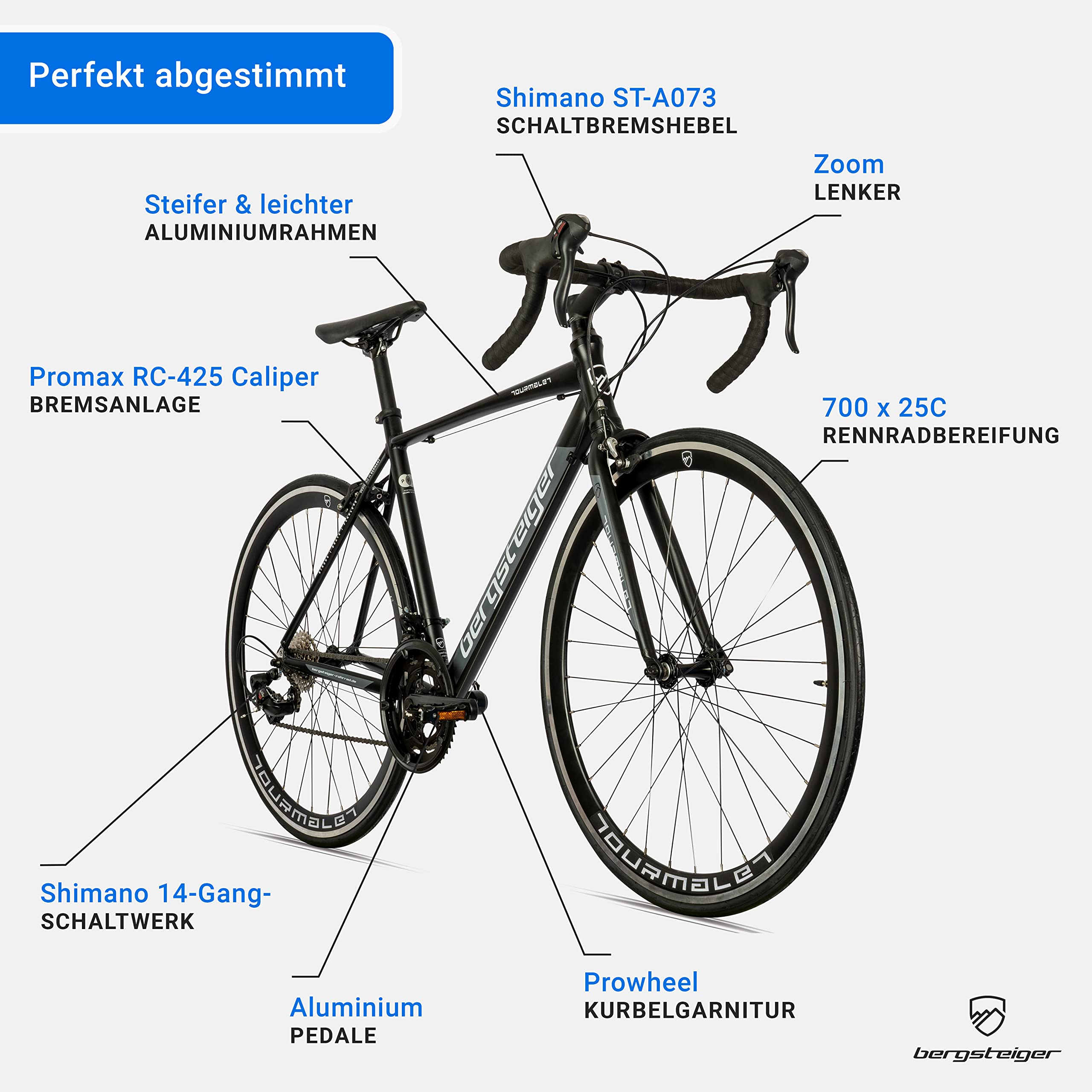 Bergsteiger Tourmalet 28 Zoll Rennrad Gravelbike aus Aluminium | Leichtes 11 kg Damen & Herren Gravel Bike mit 14 Gang Schaltung. Schalthebelsystem ideal ab 170 cm Groesse geeignet.