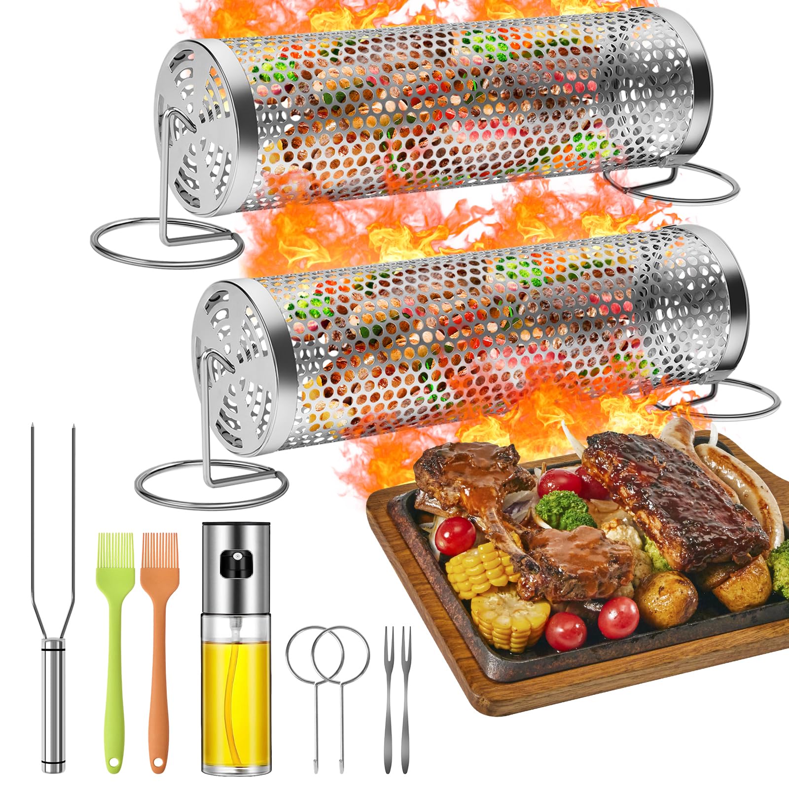 Rolling Grilling Baskets for Outdoor Grill BBQ Net Tube Stainless Steel Large Round Mesh Rotation Barbecue Cylinder Cage Cooking Accessories for Veggies Vegetable Fish Meat Food Camping