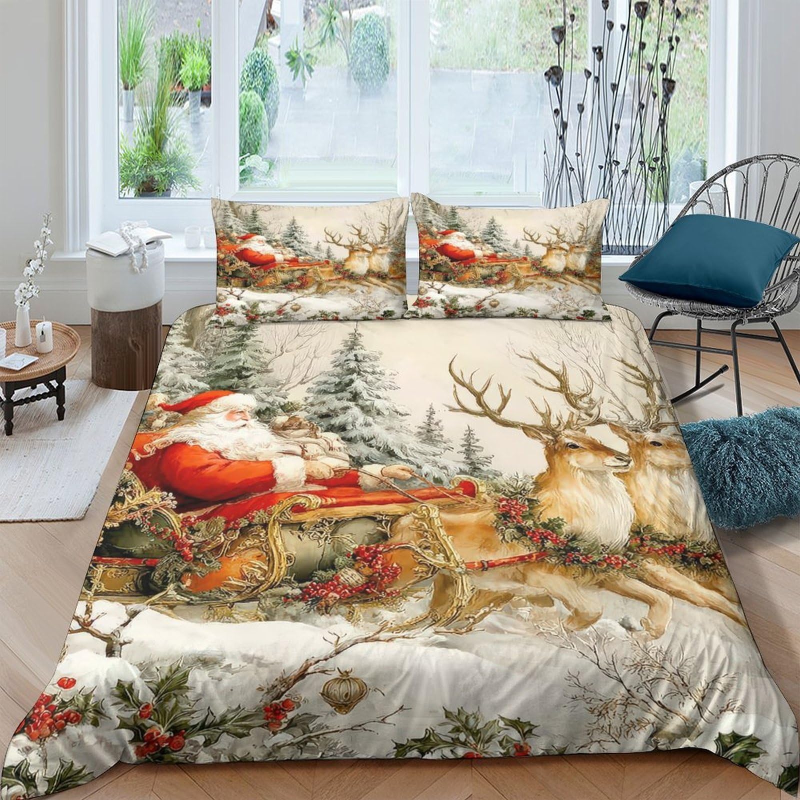 Ctjqhvkz Style-7 3D Printed Christmas Reindeer Fitted Sheet Microfiber Soft Santa Sleigh Bed Cover For Bedroom Guest Room Decor Single（135X200cm）