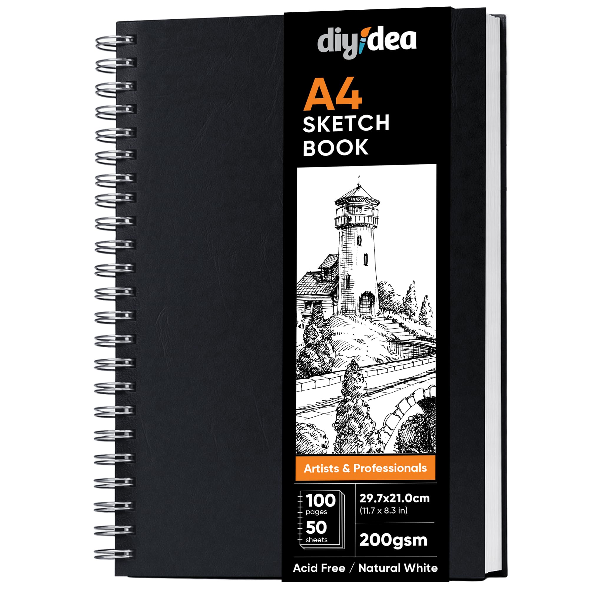 DIYIDEA Cuaderno de Dibujo A4 200 g/m² – 100 Páginas, Espiral Tapa Dura – Bloc de Dibujo para Lápiz, Carboncillo, Grafito y Pastel – Para Principiantes y Profesionales