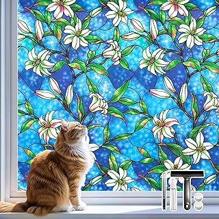 DUOFIRE Stained Glass Window Film, Window Privacy Film Decorative for Glass Windows Door Covering, Anti UV Non-Adhesive Static Cling Reusable Colorful Stained Films for Home 17.4×78.7 inches